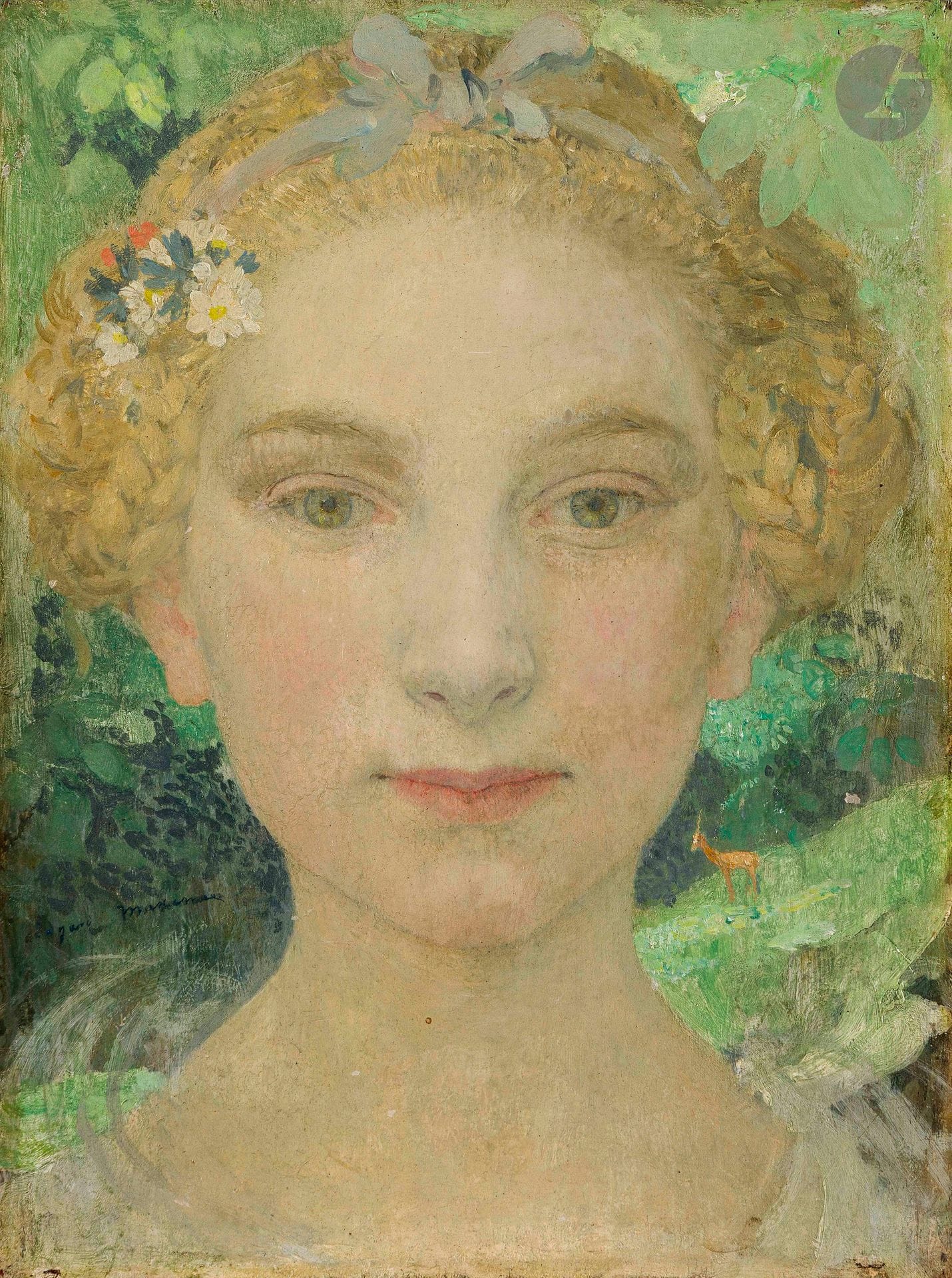 Edgard MAXENCE (1871-1954)
Portrait de jeune fille, vers 1910
Huile sur panneau.
Signée en bas à gauche.
(Petit manque). 
32 x 23 cm

Provenance : 
Collection particulière, Paris.

Exposition : 
Galerie des Champs-Élysées, Paris (étiquette au dos).

Le modèle portraituré est Juliette, fille de l'artiste. Nous connaissons divers tableaux, réalisés sur plusieurs décennies et la représentant, dont Le livre de Paix, 1913 (INV. 6357 et BX. E 1453), exposé au musée des Beaux-Arts de Bordeaux.

Nous remercions Monsieur Côme Rombout d'avoir confirmé l'authenticité de cette œuvre et pour les informations qu'il nous a transmises. Cette œuvre sera incluse au Catalogue raisonné en préparation.