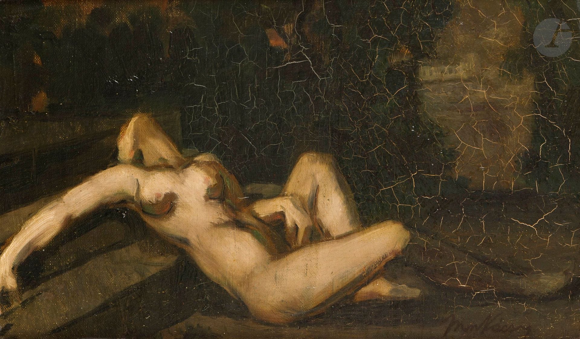 Mihály Von MUNKÁCSY (1844-1900)
Étude de nu alangui
Huile sur toile.
Signée en bas à droite.
(Craquelures).
22 x 38 cm

Provenance : 
- Vente Mes Libert-Castor-Briest, Hôtel Drouot, Paris, 25 mars 1982, catalogue, n° 72.
- Collection particulière, Paris. Acquis lors de cette dernière.