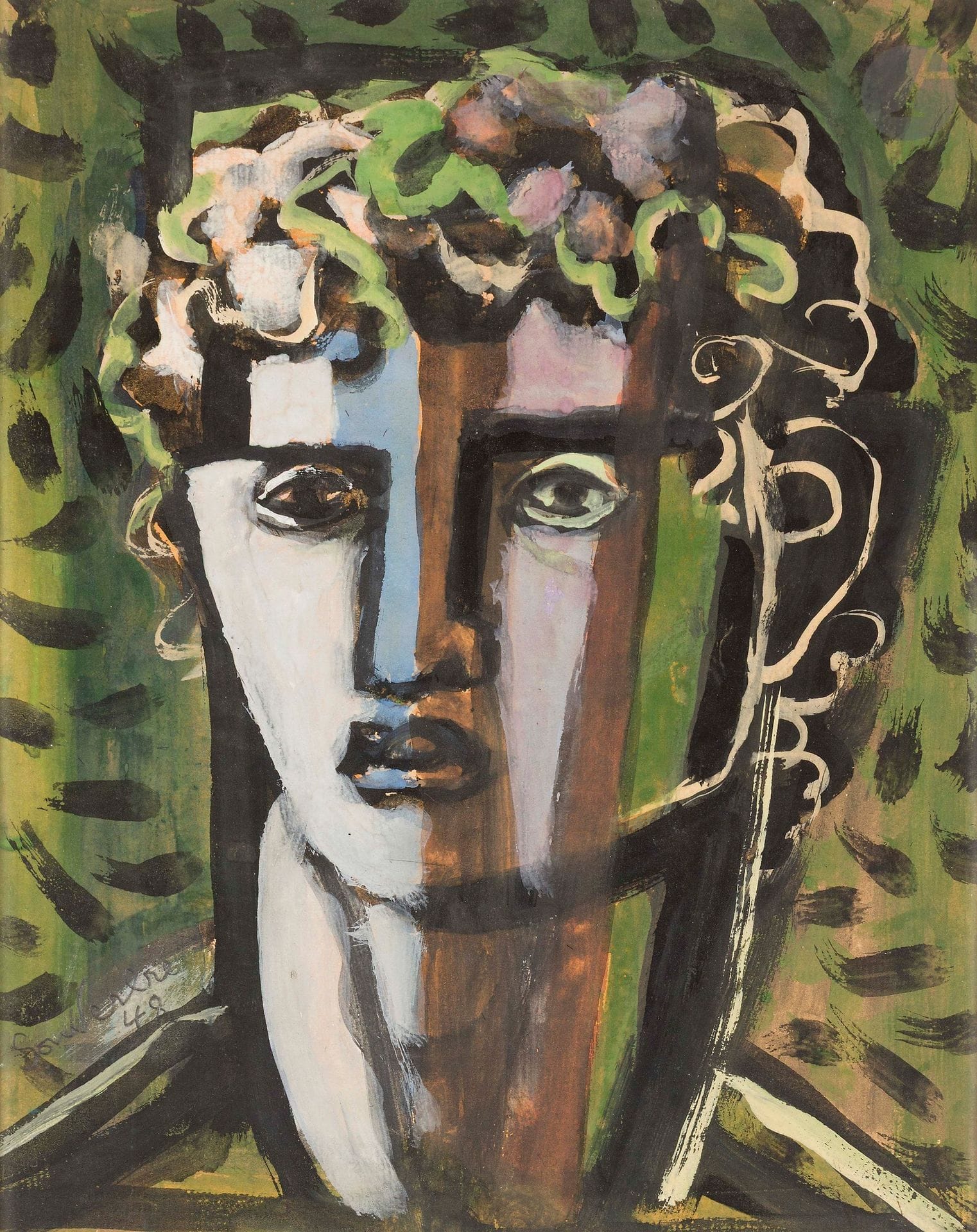 Jean SOUVERBIE (1891-1981)
Visage, 1948
Huile sur papier.
Signée et datée en bas à gauche.
28,5 x 23 cm

Nous remercions Monsieur Frédéric Souverbie d'avoir confirmé l'authenticité de cette œuvre.