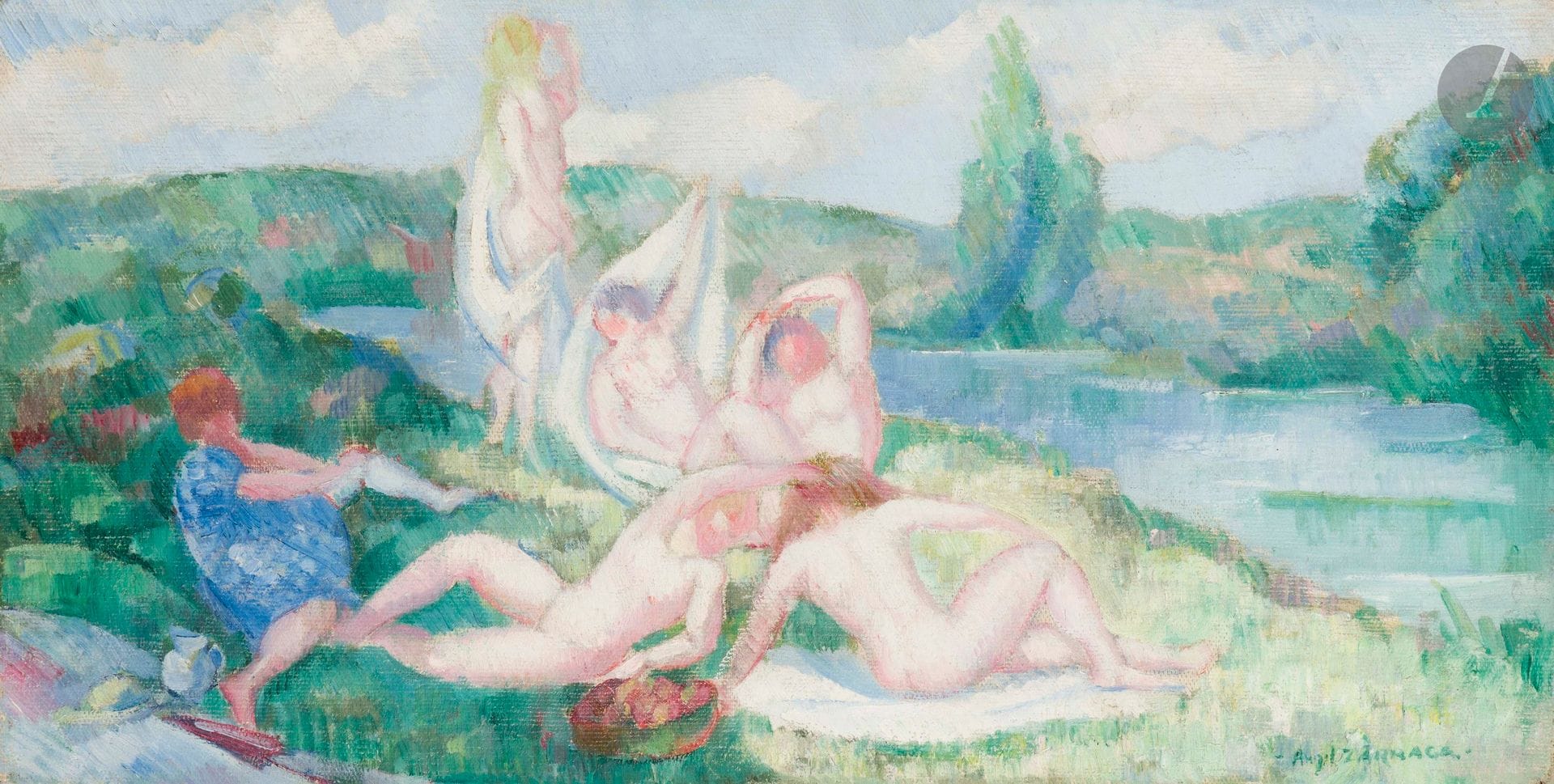Ángel ZÁRRAGA (1886-1946)
Women by the Water, variant no. 11, 1920
Oil on canvas.
Signed lower right.
Signed, dated and titled on the back.
(Restorations).
28 x 53.5 cm