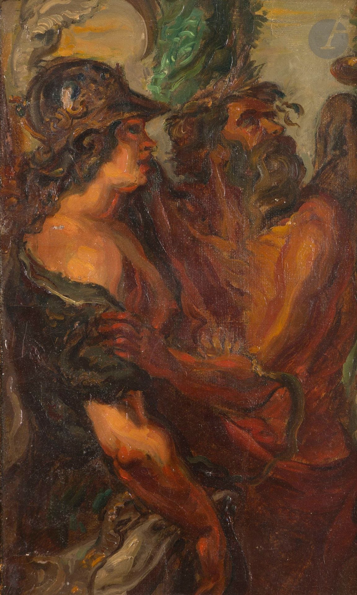 Louis ANQUETIN (1861-1932)
La France et Saturne d'après La Félicité de la Régence de Pierre-Paul Rubens (1577-1640)
Huile sur toile non montée.
Non signée.
(Gondolements de la toile, petits manques).
45 x 27 cm

Provenance : 
- Collection particulière, France.
- Vente Me Pastaud, Limoges, 26 juin 2025, n° 37 sous le titre École Française XIX-XXe siècle, Scène mythologique (fragment).

Notre œuvre est une reprise de la Félicité de la Régence, vers 1625 par Pierre-Paul Rubens et exposée au Musée du Louvre (INV.1783, MR.974).