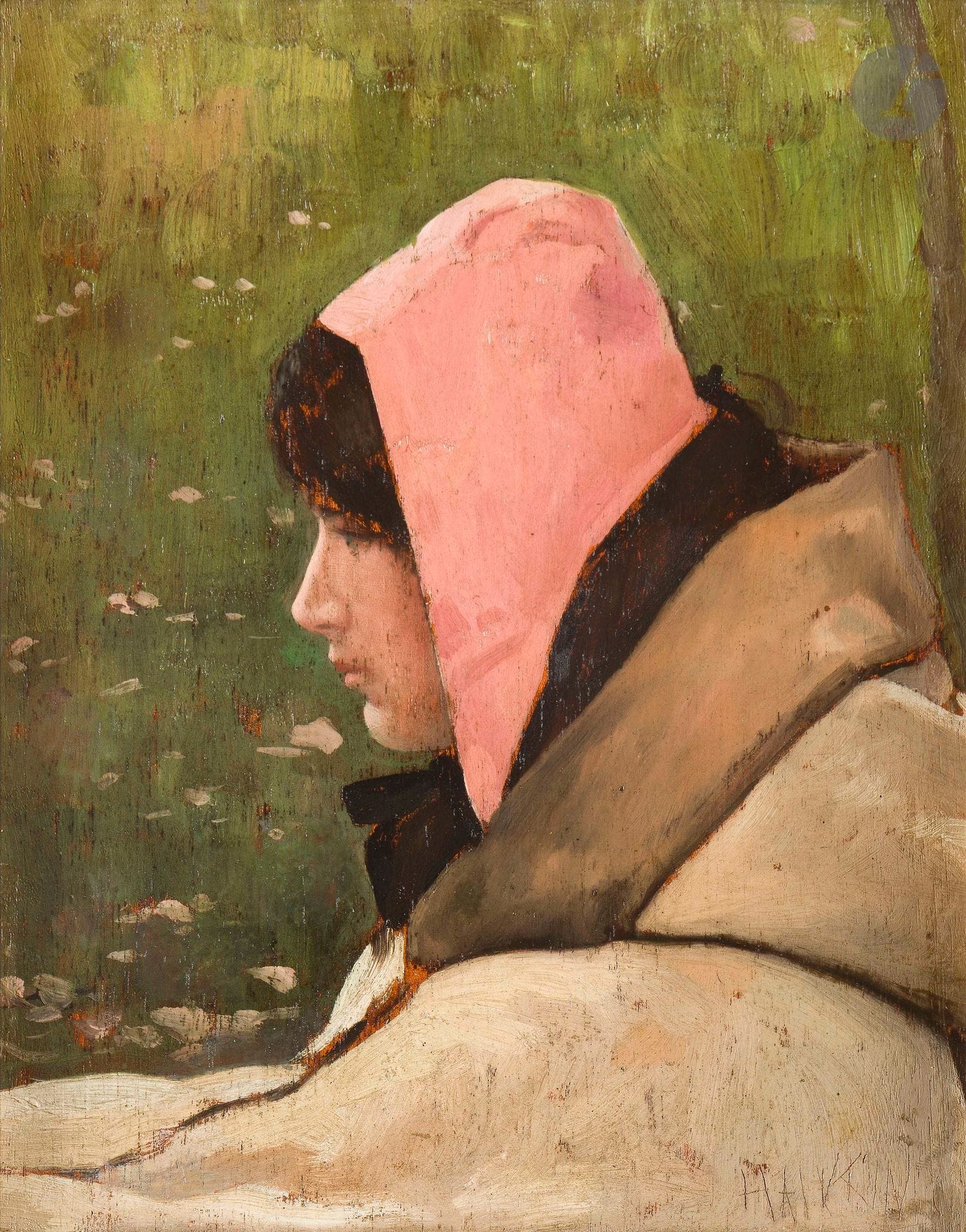 Louis Welden HAWKINS (1849-1910)
Paysanne, vers 1881
Huile sur panneau.
Signée en bas à droite.
Étude de paysanne au dos.
27 x 22 cm

Provenance : 
- Collection M. Borniche (cachet de collection au dos). Acquis directement auprès de l'artiste.
- Vente Collection M. Borniche, Mes Escribe-de Cagny, Hôtel Drouot, Paris, 21-22 janvier 1884, catalogue, n° 79, sous le titre Paysanne. Étude (fragment d'étiquette au dos).

Notre œuvre est une étude du tableau Les Orphelins, 1881, (LUX. 353 P et RF. 1034) exposé au Musée d'Orsay. 

Cette jeune fille a aussi servi de modèle pour La Fillette et l'oiseau mort, peint vers 1883 et celle-ci apparaît sur une photographie ayant appartenu à Hawkins d'après laquelle il peignit. L'enfant devait probablement appartenir au cercle proche du peintre.

Nous remercions Madame Cécile Convert d'avoir confirmé l'authenticité de cette œuvre et pour les informations qu'elle nous a transmises. Un certificat d'authenticité, en date du 22 mai 2026, sera remis à l'acquéreur. Cette œuvre sera incluse au Catalogue raisonné de l'artiste : louisweldenhawkins.com. 

Comme le souligne Rodolphe Salis dans un article du Chat Noir daté du 6 mai 1882 consacré au Salon et traitant notamment du peintre Hawkins : " M. Borniche est l'un de ses admirateurs ". Cet entrepreneur, enrichi grâce au commerce du bois, se prit de passion pour les arts et arpenta les ventes publiques comme les ateliers d'artistes de Paris. Selon certains témoignages de l'époque, plusieurs milliers d'œuvres furent ainsi acquises jusqu'à son décès en 1883. Neuf ventes furent par la suite organisées à l'Hôtel Drouot, entre décembre 1883 et avril 1884.
