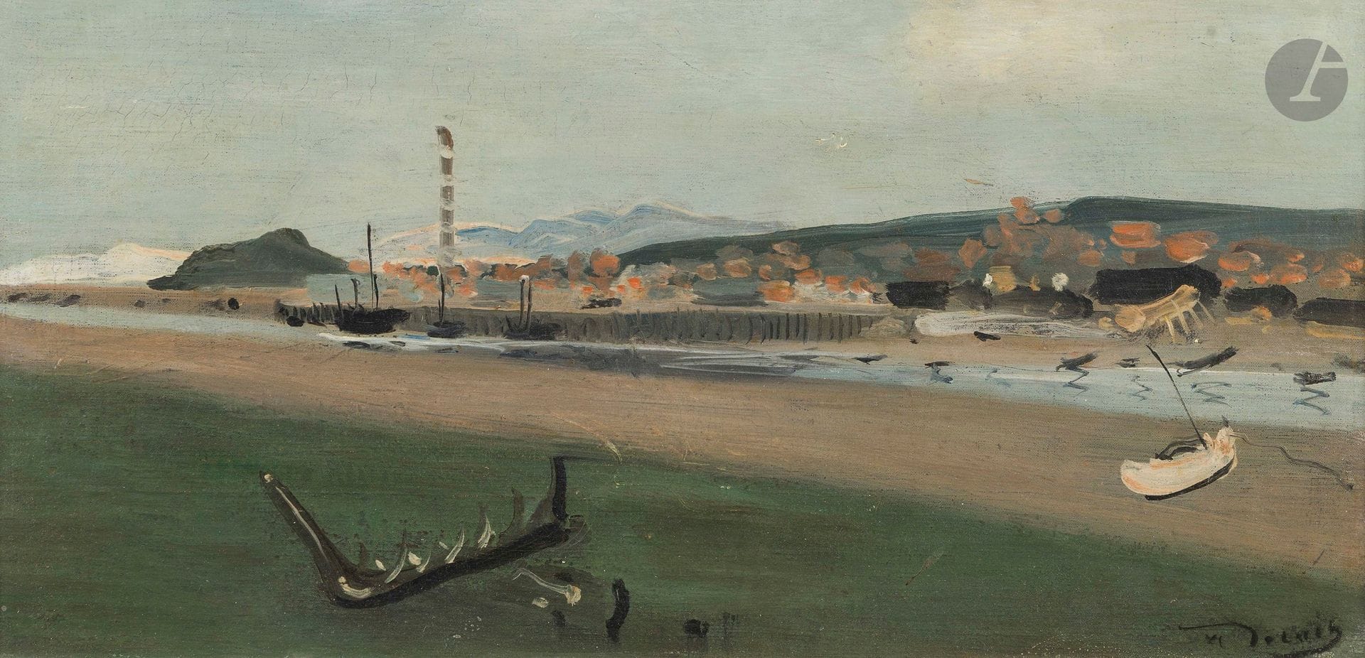 André DERAIN (1880-1954)
Le Port de Graveline, vers 1934-35
Huile sur toile.
Signée en bas à droite.
23 x 46 cm

Provenance :
Collection Parouïr Beglarian, Paris.

Bibliographie :
Michel Kellermann, André Derain, Catalogue raisonné de l'œuvre peint, 1935-1954, Tome III, Éditions Galerie Schmit, Paris, 1999, n° 1329, reproduit p. 7.