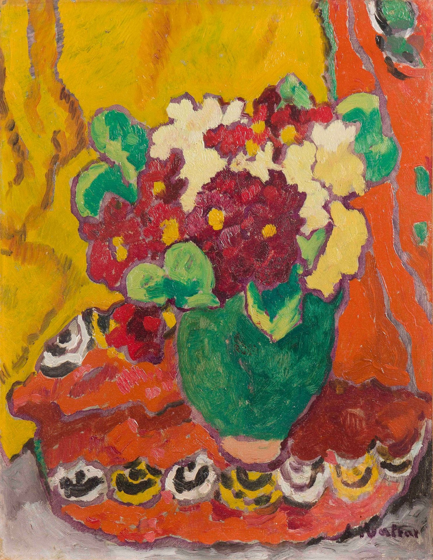Louis VALTAT (1869-1952)
Cruche verte aux primevères, 1941
Huile sur papier contrecollé sur toile.
Signée en bas à droite.
41 x 33 cm

Bibliographie : 
Docteur Jean Valtat, Louis Valtat, Catalogue de l'œuvre peint (1869-1952), Tome I, Neuchâtel, Éditions Ides et Calendes, 1977, n° 2699, reproduit p. 300 (erreur de support au catalogue).

Un certificat du Docteur Jean Valtat, fils de l'artiste, en date du 31 mars 1966, sera remis à l'acquéreur.