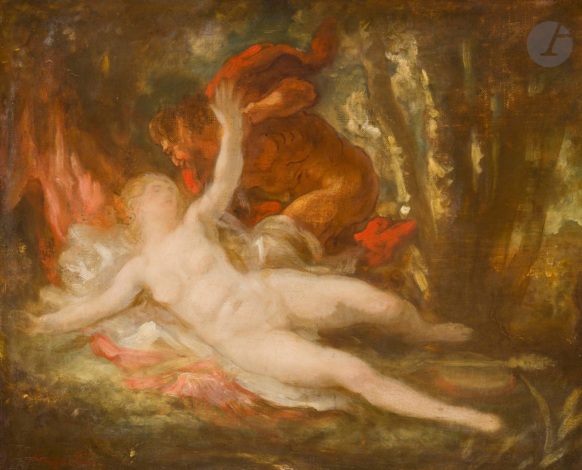 Louis ANQUETIN (1861-1932)
Faune et Bacchante
Huile sur toile.
Signée en bas à gauche.
33 x 42 cm