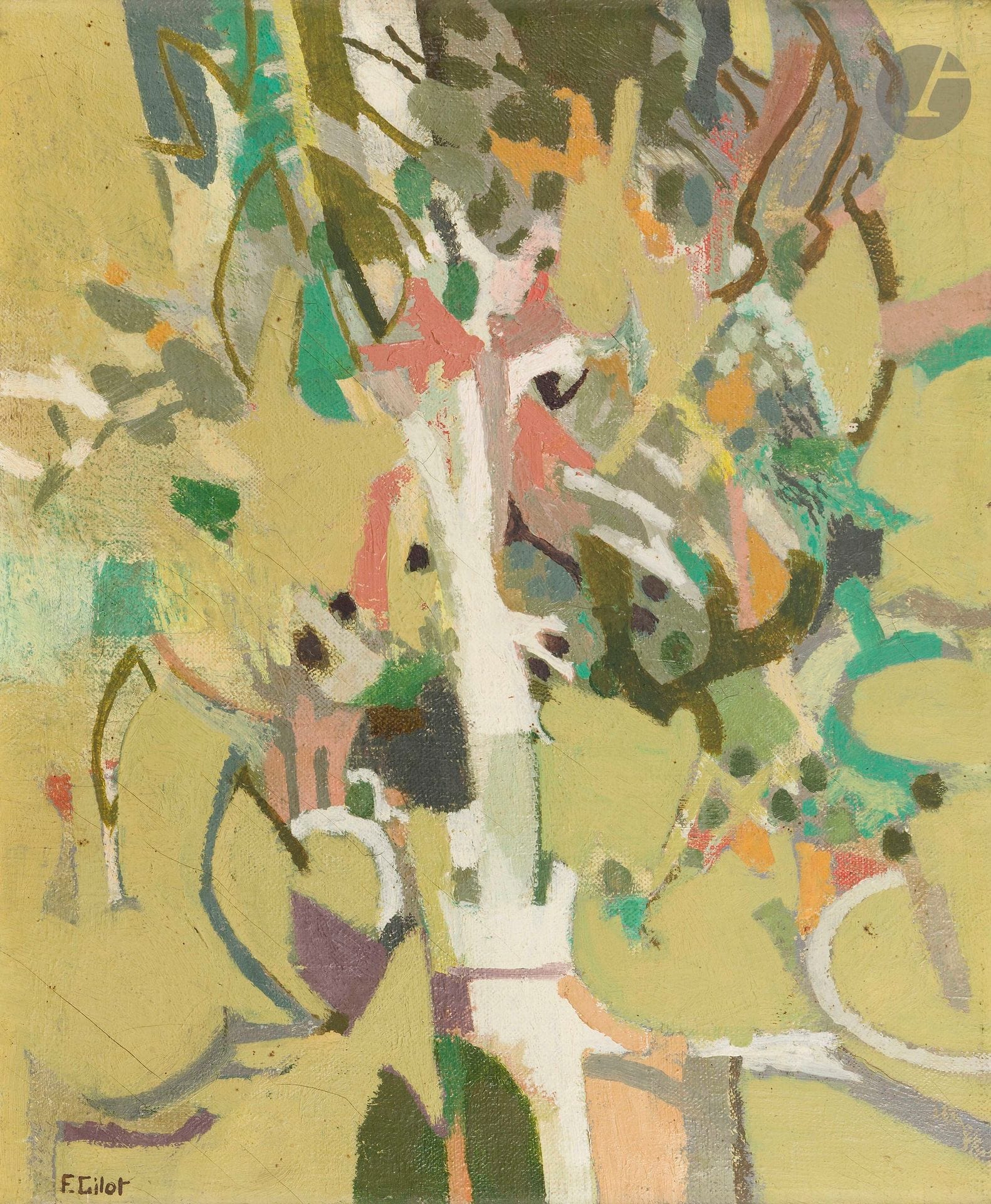Françoise GILOT (1921-2023)
Plants, circa 1960
Oil on canvas.
Signed lower left.
Titled in pen on the stretcher.
46 x 38 cm

The work is listed in the painter's archives under number 491.02.