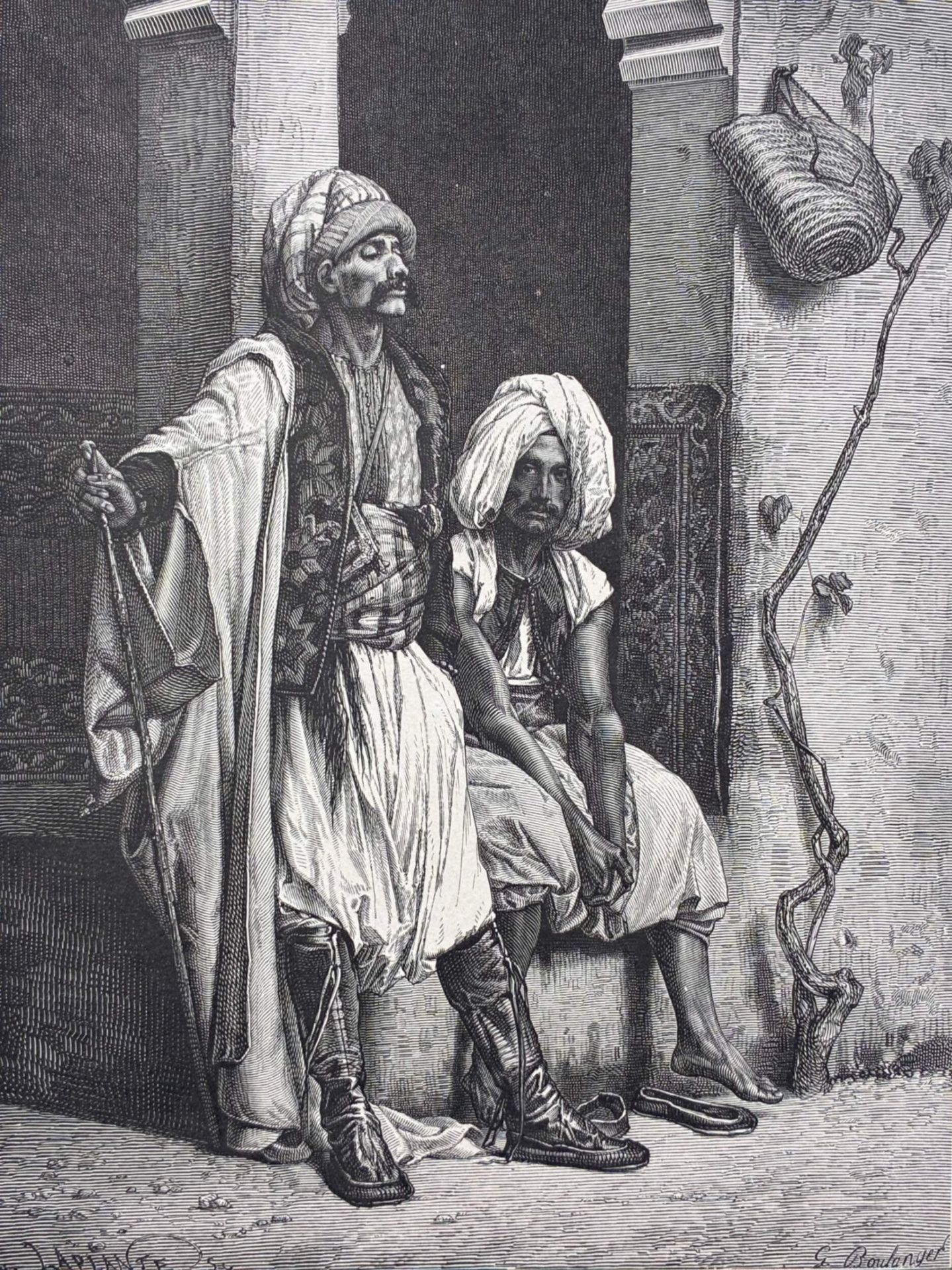 [BEAUX-ARTS]. Album Boetzel. Chefs-d’œuvre de l'art contemporain.
À Paris, Adolphe Delahays et Alliance des arts, s.d.
In-folio oblong, demi-chagrin vert-canard, dos à faux nerfs encadrés et surlignés à froid, fleurons dorés aux entrenerfs, filets d'encadrement à froid sur les plats. Reliure de l'époque.
3 ff. (titre, liste des gravures, introduction) et 50 planches de gravures en noir et blanc, vignette de titre gravée par Pannemaker d'après le dessin "Amours d'artistes" de Léopold Flameng, lettrine ornementée dans le texte. 
Menus frottements avec légers manques aux coiffes, plats légèrement griffés et salis. 

Très bel album de M.E. Boetzel, reproduisant 50 chefs-d’œuvre de l'art contemporain gravés par Ansseau, Bertrand, Boetzel, Duhamel, Froment, Gauchard, Hildibrandt, Hotelin, Joliet, Langeval, Laplante, Martin, Pannemaker, Perrichon, Thomas, Yon. Chaque planche est signée et légendée. L'ouvrage s'ouvre sur une introduction de Ernest Hache. 

Bel exemplaire de cette vaste collection de chefs-d’œuvre finement reproduits par les meilleurs graveurs.