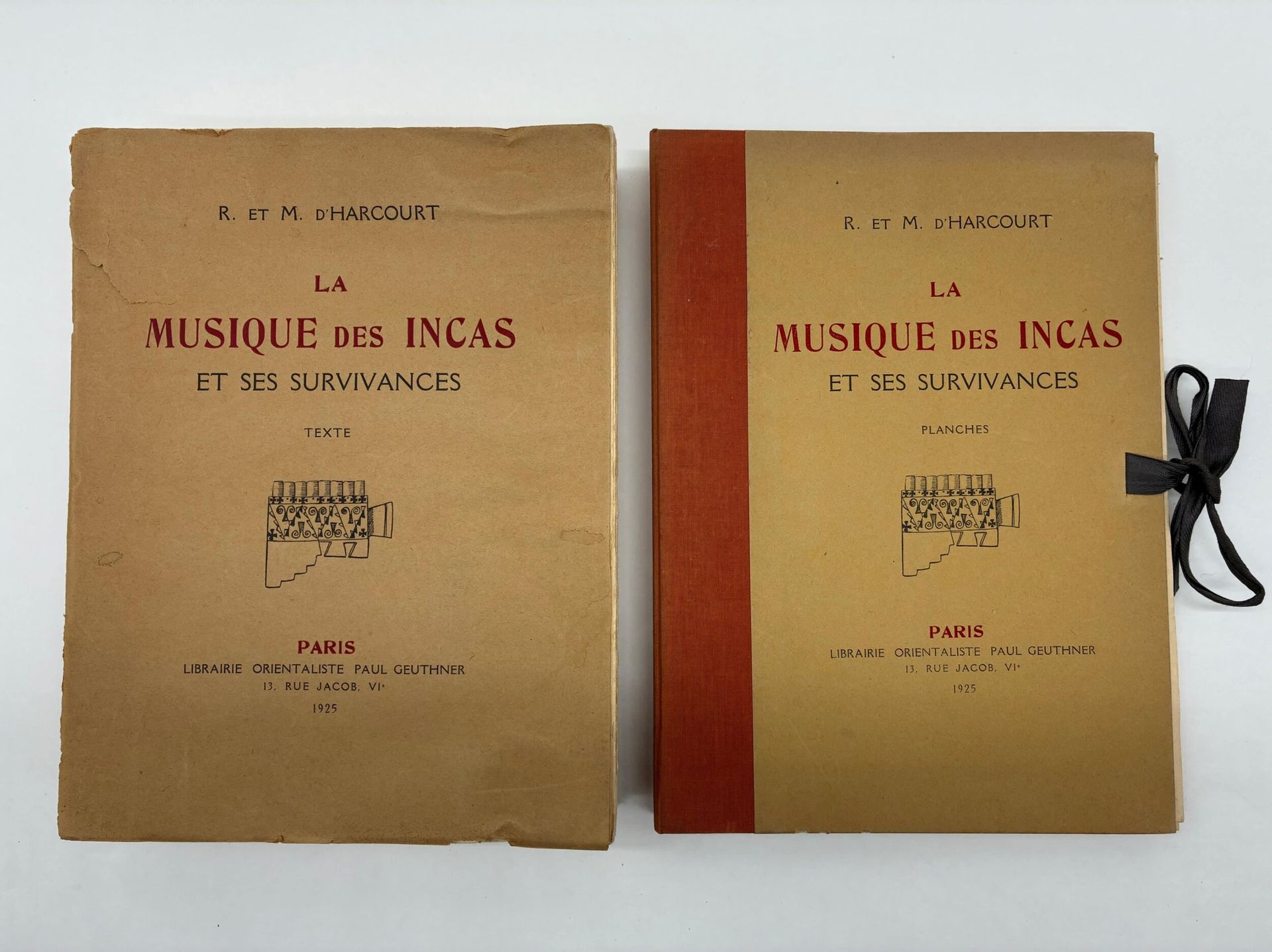 [INCAS - MUSIC]. HARCOURT, Raoul and Marguerite. La Musique des Incas, et ses survivances.
Paris, Librairie orientaliste Paul Gueuthner, 1925.
2 volumes in-4, including 1 volume of text in paperback, partly uncut, and 1 volume of plates in ochre half-percaline laced folder.
Text volume: 3] ff. (false title, from the same author, title, dedication), one plate under serpente, VII (foreword), 575 pp., 1] f. (errata), with 23 black figures in the text. Atlas volume: 2] ff. (false title, same author, title); 23 pp. (descriptive table of plates); 39 plates. Titles printed in black and red and adorned with a vignette. 
Spine rubbed, tears to spine ends and part of first cover of text volume. Spine unstained on atlas folder, a few freckles on title and title leaves. 

First edition of this remarkable work on pre-Columbian music, particularly that of the Incas, by the musicologist couple M. and Mme d'Harcourt.
It consists of a text volume, containing a technical description of Inca instruments (bells and noisemakers, drums and xylophones, trumpet, syrinx, vertical flute and flageolet, whistles and ocarinas and stringed instruments), a section devoted to the festivals and dances of ancient Peru and Mexico, a section on musical folklore, and a section devoted to musical and poetic notations, listing 204 melodies, most of them notated on the spot or collected from native South Americans. It is accompanied by an album of 39 phototype plates, many in color, showing instruments, dance scenes, rituals and musical practices.

A good copy of this fascinating study of pre-Columbian music and its modern survivals. Complete in 2 volumes.