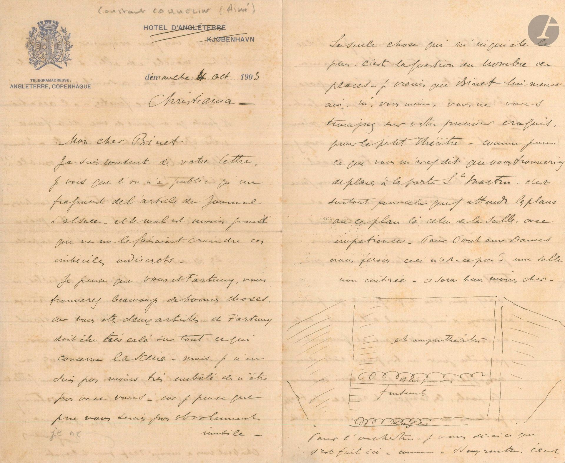 Constant COQUELIN aîné. L.A.S., Christiania [Oslo] October 4, 1903, to René Binet; 4pages in-8 on the letterhead (crossed out) of the Hôtel d'Angleterre in Copenhagen.
To the architect of the retirement home for actors in Couilly-Pont-aux-Dames, founded by Coquelin, for which Waldeck-Rousseau, President of the Council, had just laid the foundation stone on July 16, 1903.
There was talk of building a small theater, which Binet was to design with Mariano Fortuny, who "must be very knowledgeable about everything to do with the stage". Coquelin is concerned about the number of seats, and envisages "an uncurved room - it will be much cheaper", and draws a sketch. He wants to draw inspiration from Bayreuth and the Christiania theater, which is "well done. If it weren't exposed to fire, it would look almost perfect. He insists on windows and ventilation... "Think carefully about the artists' dressing rooms, let's not treat them like cattle"... [In fact, it's an open-air theater that will be built].
Enclosed is the program for the inauguration of the "Théâtre du Parc de Pont-aux-Dames", August 19, 1906 (1 p. in-4, small tear).