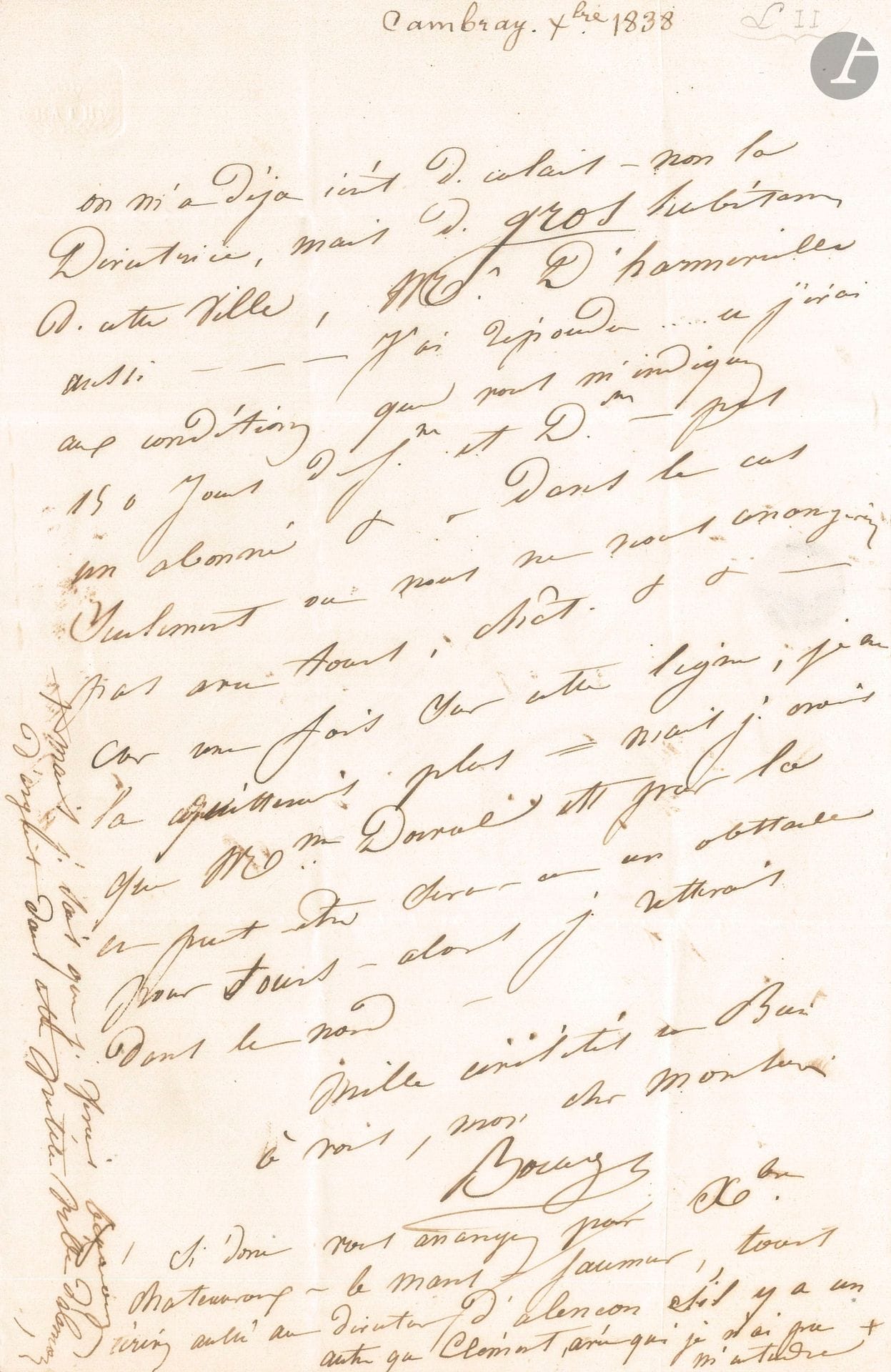 Pierre BOCAGE (1773-1846). L.A.S., Cambrai 9 novembre 1838, à Armand Domergue; 1 page in-8, adresse.
Sur sa tournée en province, de «gros habitans» de Calais le réclament. Il espère que Domergue pourra arranger une tournée vers Tours, «mais je crois que Mme Dorval est par là et peut-être sera-ce un obstacle pour Tours – alors je resterais dans le nord». Il pense à Châteauroux, Le Mans, Saumur, Alençon, etc. Portrait lithographié joint, par Benjamin, avec notice impr.