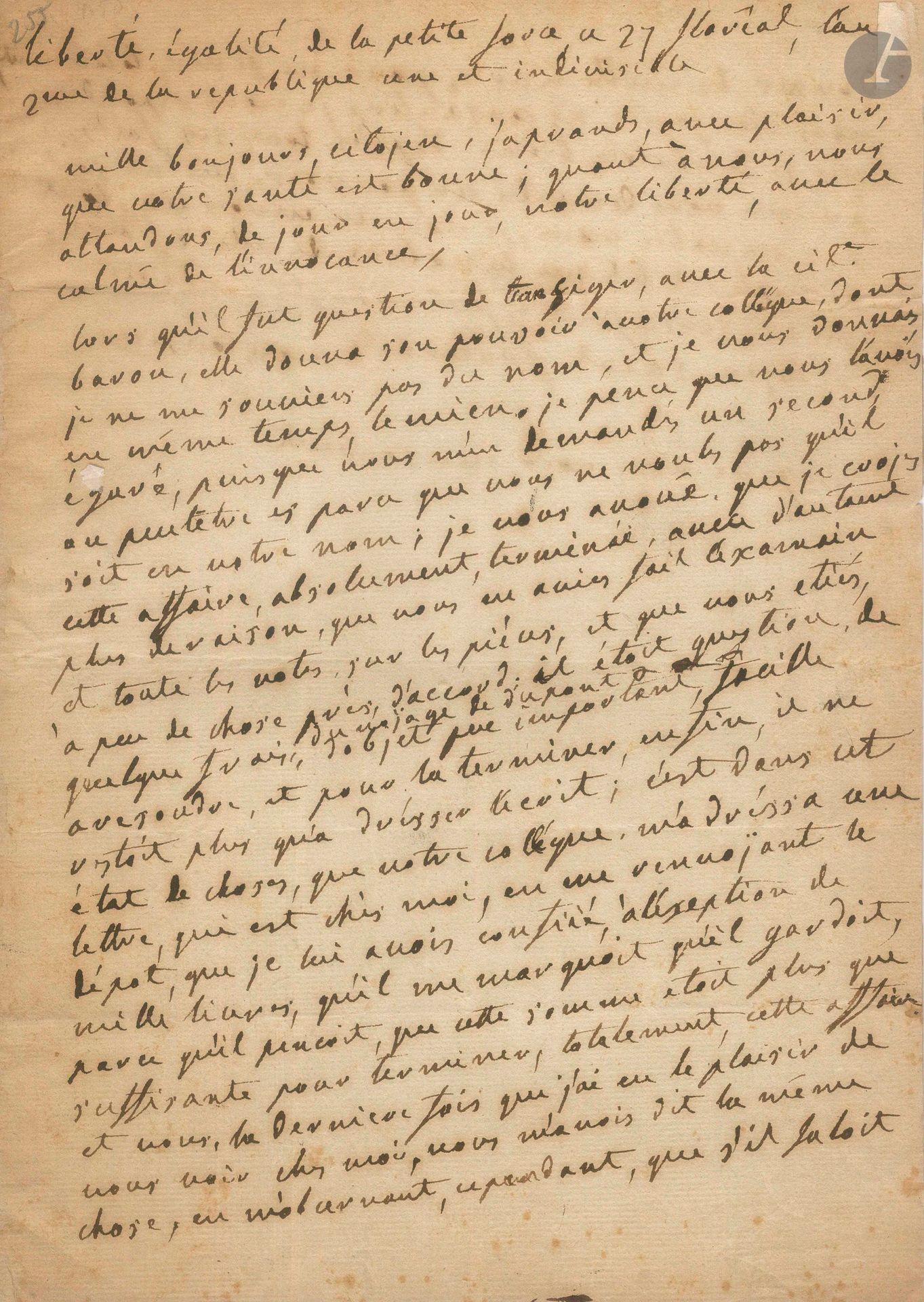 Marguerite Brunet dite Mademoiselle MONTANSIER (1730-1820). L.A.S., prison de «la petite Force» 27 floréal II (16 mai 1794), au citoyen Giquel; 1page et demie in-4, adresse.
Lettre de la comédienne en prison. [La Montansier, qui avait construit le Théâtre National (à l’emplacement du square Louvois) et qui l’exploitait depuis le 15 août 1793, fut arrêtée le 15 novembre, sous le fallacieux prétexte qu’elle pouvait mettre le feu à la Bibliothèque nationale.]
Elle attend «de jour en jour, notre liberté, avec le calme de l’innocence». Elle parle de son affaire avec la citoyenne Baron, qu’elle croyait terminée après la transaction et pour laquelle une somme de mille livres avait été dégagée. Elle consent à donner l’argent et donne pouvoir à Giquel… [Elle ne sera libérée que le 16 septembre 1794, six semaines après la chute de Robespierre.]
On joint une P.S., 3 août 1816 (1p. obl. in-4), bon à payer de 6000 francs pour les sociétaires du Théâtre des Variétés; outre la Montansier, ont signé Amiel, Crétu et Mira Brunet.
