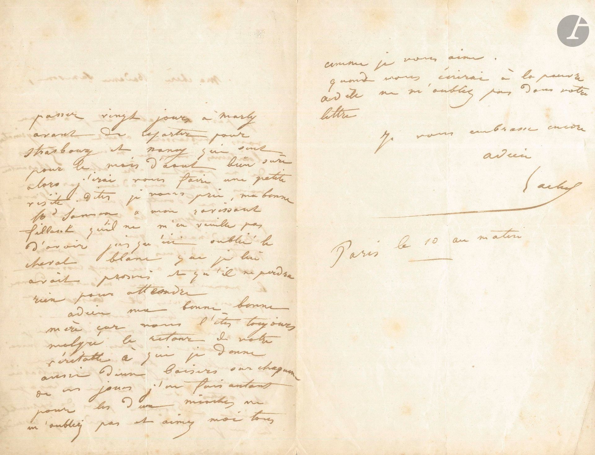 Élisabeth-Rachel Félix, dite RACHEL. L.A.S., Paris le 10 au matin [juin 1845], à Madame Samson; 3pages in-8. 
Belle lettre à la femme de son professeur Joseph-Isidore Samson, sociétaire et doyen de la Comédie-Française, qui la fit entrer dans ce théâtre.
«Ma chère Madame Samson, Je pars ce matin et je n’ai pu vous embrasser avant mes pérégrinations lointaines. Vous ne m’en voulez pas de ne pas être allé à Charenton vous faire mes adieux, parce que vous ne doutez pas que si je l’avais pu malgré les représentations extraordinaires que j’ai joué au théâtre depuis quinze jours je n’eusse saisi avec empressement le moment qui m’aurait donné quelques heures de loisir pour vous aller tous embrasser». Elle pense revenir à Paris en juillet: «Lyon vient de me manquer j’en suis fort contrariée et certes si l’on ne m’engage point à donner plus de représentations là où je dois me rendre [Nantes] je reviendrai passer vingt jours à Marly avant de repartir pour Strasbourg et Nancy qui sont pour le mois d’août»... Elle n’oublie pas son «ravissant filleul» (le petit-fils de Samson) à qui elle a promis un cheval blanc. Elle conclut: «Adieu ma bonne bonne mère car vous l’êtes toujours [...} aimez moi comme je vous aime»...