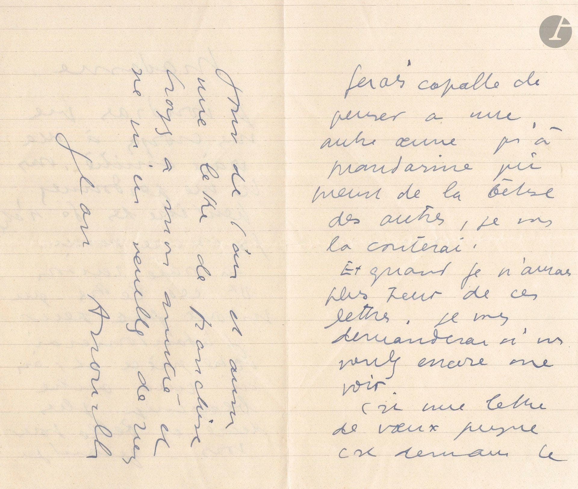 Jean ANOUILH (1910-1987). L.A.S., [Courbevoie 31 décembre 1932], à Berthe Bovy; 3pages in-12, enveloppe.
Au début de sa carrière [sa première pièce L’Hermine a été créée au Théâtre de l’Œuvre le 27 avril 1932 par Pierre Fresnay] Il voudrait que la comédienne croie en son amitié... «J’abandonnerai votre pièce et j’en ai une autre beaucoup plus dure et belle pour vous. Quand je serai capable de penser à une autre oeuvre qu’à Mandarine, je vous la conterai. Et quand je n’aurai plus peur de ces lettres, je vous demanderai si vous voulez encore me voir»...