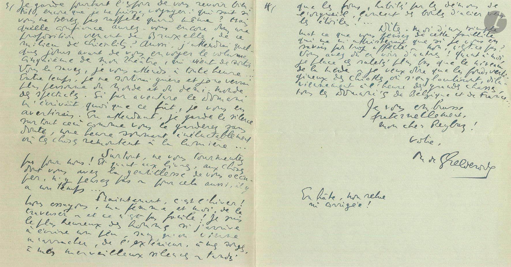 Michel de GHELDERODE (1898-1962). 2 L.A.S., Bruxelles 1957-1960, à André Reybaz; 4 et 2 pages in-8.
[André Reybaz (1922-1949), avec sa troupe du “Myrmidon”, fut le premier à révéler au public français le théâtre de Ghelderode.]
2 décembre 1957. Il a appris que Domani (directeur du Théâtre de Poche) «se cache, en effet, apeuré et bien décidé à ne pas donner suite à ce projet de jouer nos deux pièces en janvier! Pourquoi, c’est le mystère! Peur des frais, ou peur tout court, la peur qui rend nos contemporains verdâtres, couleur de chiasse? Il vous a donc sinistrement trompé – à moins que, depuis, un revirement l’ait fait vous écrire ou télégraphier, de quoi j’ose douter! C’est navrant! Pour sa défense, le Domani affirme qu’il jouera du Ghelderode plus tard, en 1958, l’année de l’exposition, ce qui n’est pas bien difficile, ni bien compromettant. Mais avec qui, avec Reybaz? Mystère encore! Et quelle confiance daignerez vous encore accorder à ce croque-mort; et quelle confiance lui accorderai-je, moi, qui aime qu’on joue avec mes couilles, mais à la condition que ce soit fait par une belle fille, qui s’engage elle!... Et voilà, pauvre cher Reybaz! Vous avez beaucoup souffert pour moi, à cause de moi: j’en reste consterné! comment réparer ce coup de vache? […] c’est bien triste de voir un homme de votre valeur, bafoué de cette façon par un amateur, un qui fait semblant, et qu’on ne peut battre puisqu’il est de sexe intouchable – à moins qu’il n’aime la trique aux fesses... Horribles gens, d’ici comme partout, pourriture envahissante! Le théâtre, l’art le plus exaltant, ne peut donc se bâtir que sur des latrines, des cloaques?... […] Quant à moi, je place ces saletés plus bas que le niveau de la merde – je veux dire que les fonds vertigineux des chiottes où s’engloutiront, diluviennement, à l’heure des grandes chasses tous les Domanis de Belgique et de France»…
25 février 1960. Il se réjouit des bonnes nouvelles. «Que les dieux vous aident! […] je ne sors plus, le plus souvent souffrant et consacrant mes dernières années à l’achèvement de mon théâtre! Le mois de janvier a été assez dramatique, pour moi: qu’importe! je ne me démoralise jamais. Et il me suffit que mes amis soient bien vifs et forts dans l’affreuse bataille de l’art où ils sacrifient le corps et l’âme! […] J’attends comme vous attendez, et tant mieux si cette victoire arrachée à mon destin qui fut bien cruel pour vous, permet un jour prochain de jouer ce Ghelderode dont vous avez révélé l’existence au monde. Mais oui, actuellement, on le joue partout, ce théâtre: c’est une histoire de fous!»…
On joint une L.A.S. d’André REYBAZ, 22 septembre 1947 (1p. in-4), sur les Prochains spectacles et les projets de la compagnie “Le Myrmidon”, qu’il a fondée avec Catherine Toth.