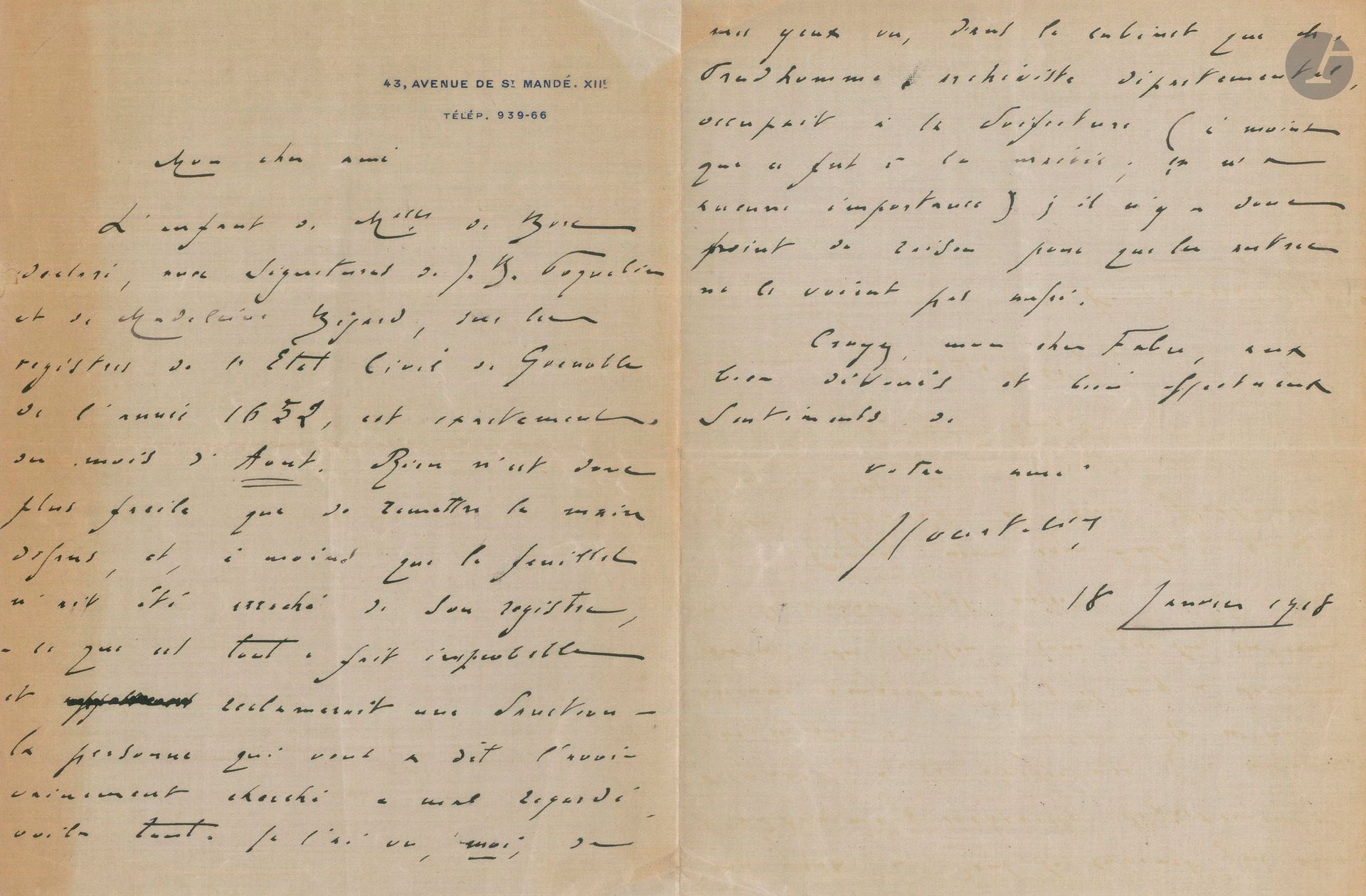 Georges COURTELINE (1858-1929). 2 L.A.S., 1918-1929, à Émile Fabre, administrateur de la Comédie-Française; 2pages in-8 et 2pages petit in-4 à son adresse 43, avenue de St Mandé, XIIe.
18 janvier 1918. Courteline donne des détails sur l’acte de baptême d’un enfant de Mlle de Brie, comédienne de la troupe de Molière, et portant les signatures, comme parrain et marraine, de Molière et de Madeleine Béjart, à Grenoble en août 1652, acte qu’il a vu: «Je l’ai vu, moi, de mes yeux vu», dans le cabinet de l’archiviste de Grenoble…
[1929]. Courteline demande à Fabre d’inscrire au répertoire de la Comédie-Française La Passion d’Edmond Haraucourt (1856-1941), qui depuis 1890 a été souvent montée [elle sera effectivement reprise à la Comédie-Française le 16 avril 1930 avec une très bonne réception critique]. Causant avec Haraucourt, Courteline lui avait dit «toute l’admiration que m’inspire cette belle œuvre»; et Haraucourt l’a incité à le dire à Fabre, qui hésite à reprendre la pièce. «Je sais bien, cher ami, que vous n’avez que faire de ma manière de voir et que vous êtes assez grand garçon pour savoir reconnaître tout seul une bonne pièce d’avec une mauvaise. La façon dont vous menez votre grande maison le démontre surabondamment; mais vous ne sauriez m’en vouloir d’importuner un peu votre amitié, en obligeant l’amitié de mon vieil et cher Haraucourt. Je vous jure donc que je fais de La Passion un cas tout à fait spécial, que toute l’élite littéraire pense comme moi, et qu’après avoir passé à la Porte St Martin, au Châtelet, et à l’Odéon, elle doit passer en bonne logique à cette Comédie Française, dont l’accueil lui est dû à tous les points de vue»…. En tête, notes de Fabre au crayon pour la réponse.
