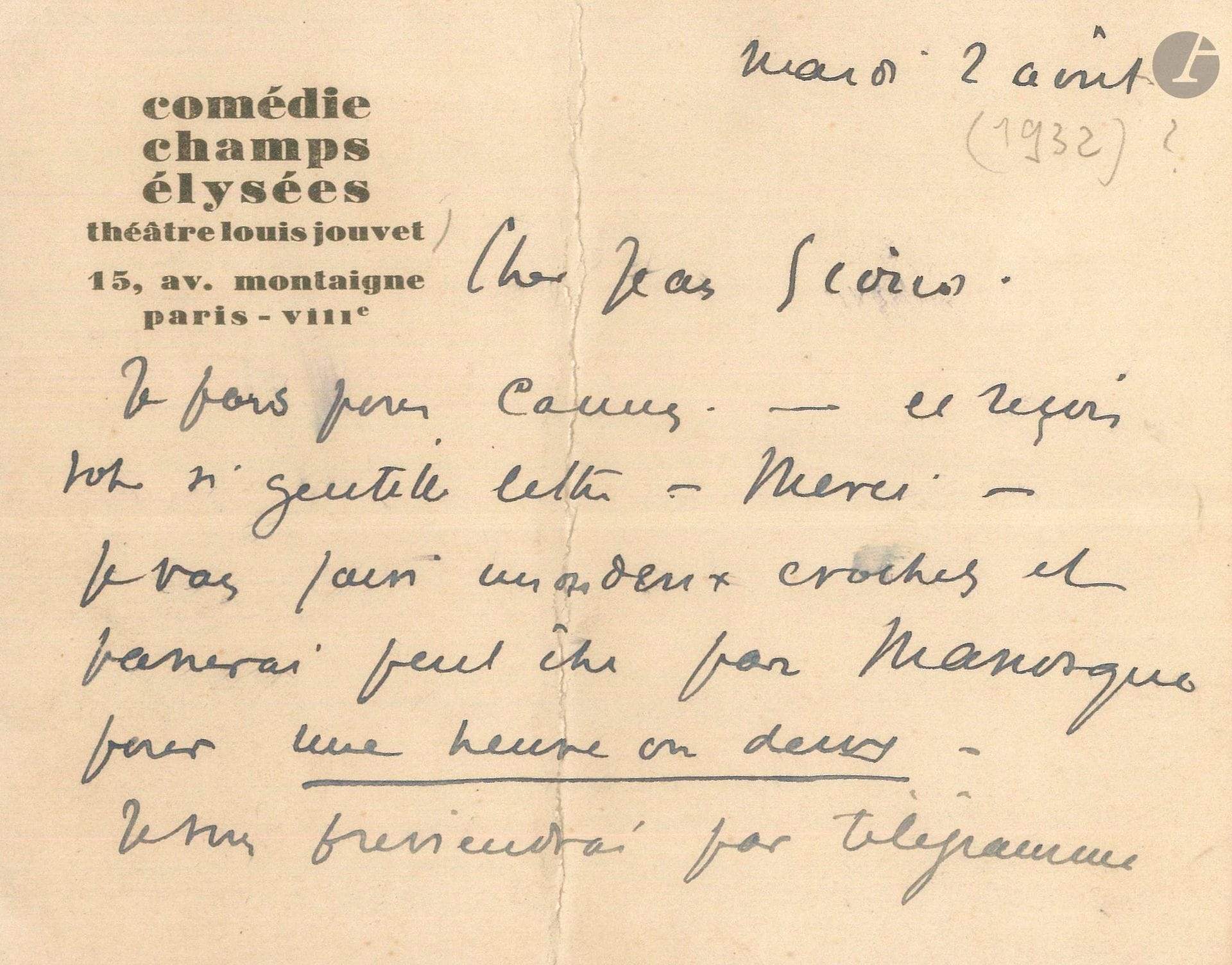 Louis JOUVET. 2 L.A.S., [vers 1932-1934]; 2pages oblong in-12 chaque à en-tête Comédie des Champs-Élysées Théâtre Louis Jouvet (marques de plis).
Mardi 2 août, à Jean Giono. Il part pour Cannes et passera peut-être voir Giono à Manosque pour «une heure ou deux» pour parler de la pièce de Giono en gestation [Le Bout de la route], même si elle «n’en est qu’aux balbutiements»…
Lundi 10, à Henri-René Lenormand, dont il attend avec impatience un manuscrit. Il a grand plaisir à savoir «que vous avez songé à moi en écrivant une de vos œuvres»…
On joint une photographie de Jouvet avec Madeleine Ozeray dans Tessa de Giraudoux (tampon au dos du Studio Lipnitzki).