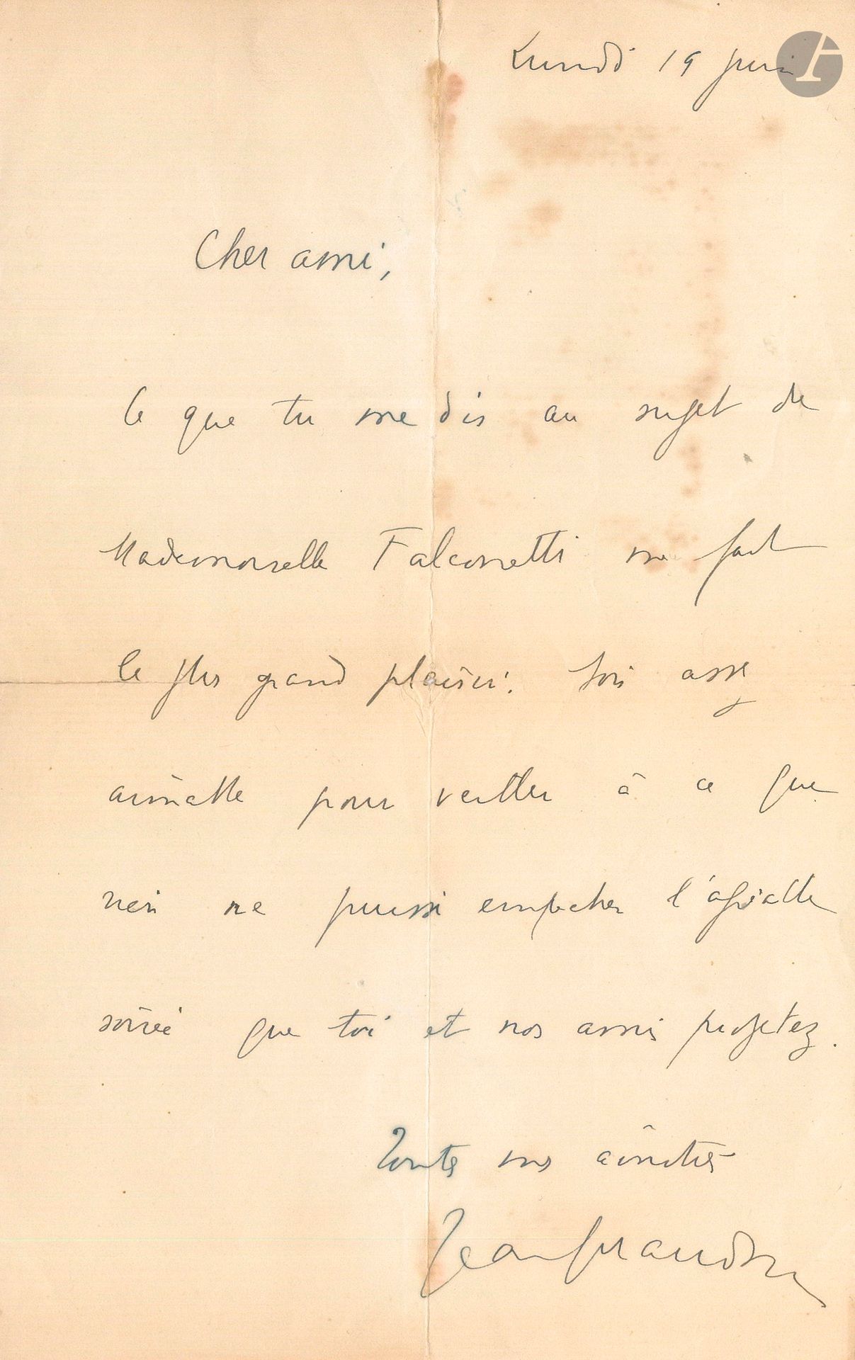 Jean GIRAUDOUX (1882-1944). L.A.S., lundi 19 juin [1933?], à un ami; 1page in-8 (lég. tachée, et petites fentes au pli).
Au sujet de l’actrice Falconetti [(1892-1946), l’admirable Jeanne d’Arc de Dreyer; elle s’était ruinée avec sa compagnie au Théâtre de l’Avenue]. «Ce que tu me dis au sujet de Mademoiselle Falconetti me fait le plus grand plaisir. Sois assez aimable pour veiller à ce que rien ne puisse empêcher l’agréable soirée que toi et nos amis projetez»…