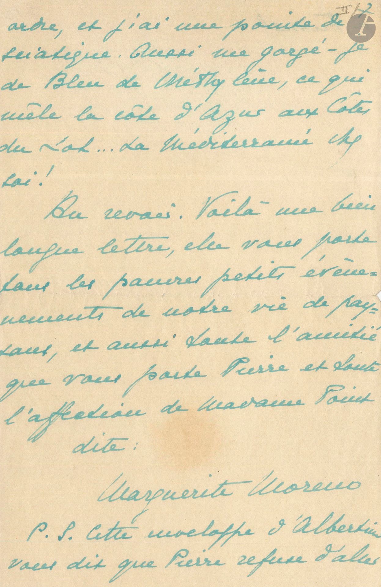 Marguerite MORENO (1871-1948). 5 L.A.S., Touzac July-November 1926, to Georges Spanelly; 32pages mostly in-8 in blue ink, 2 envelopes.
 Beautiful correspondence to a young actor.
Georges Spanelly (1898-1979), who began his career with Dullin at the Atelier, has just stayed at the country house Moreno has just bought in Touzac, in the Lot department, which boasts a park with a spring that gave the property its name, "La Source bleue". Moreno tells Spanelly about his day-to-day life. Her cousin Pierre Moreno does the gardening; she can't do without him, and makes him her factotum. She calls him Pierrou, or "the little servant". She tells Spanelly about the changes and embellishments to the house, and about the visits she receives (Colette, Pierre Brisson...). She gives Spanelly advice: don't get too involved with the comedians he plays with, don't gamble too much at the casino... Etc. 
As an example of these long letters written in a lively, alert style, let's quote the one of July 18: "Touzac is on the road to happiness. You've found it, this road, don't leave it again. It sometimes offers mediocre shelter, but the bareness of the walls has never prevented you from dreaming: on the contrary! Think of the little house, think of the sweet peace of future years, and don't scatter your efforts or your heart. You'll need both when life's security comes, when you build the refuge. So much morality, my dear Phili, the Krakus reveals itself... Frondaie sent me a book: L'Eau du Nil. I drank half of it: I prefer Marcel Proust. The other day, we caught a little owl as big as a fist, all gruff. It pounced on Pierre, snapping its beak to frighten him. Admiring its incredible courage, we left it with its mother, who feeds it every night in the sainfoin. The rosebushes are all in bloom, the little willow is big, the mimosa is at least 1.20 meters tall and, this morning, there are garlic potatoes"...
Attached is a photograph (postcard from the series Nos artistes dans leur loge), with dedication a.s. to Spanelly; plus a L.A.S., March 28, 1926, concerning a treaty for performances at the Odéon of Marcel Schwob and Eugène Morand's translation of Hamlet, with Gémier in the title role (1p. ½ in-4).