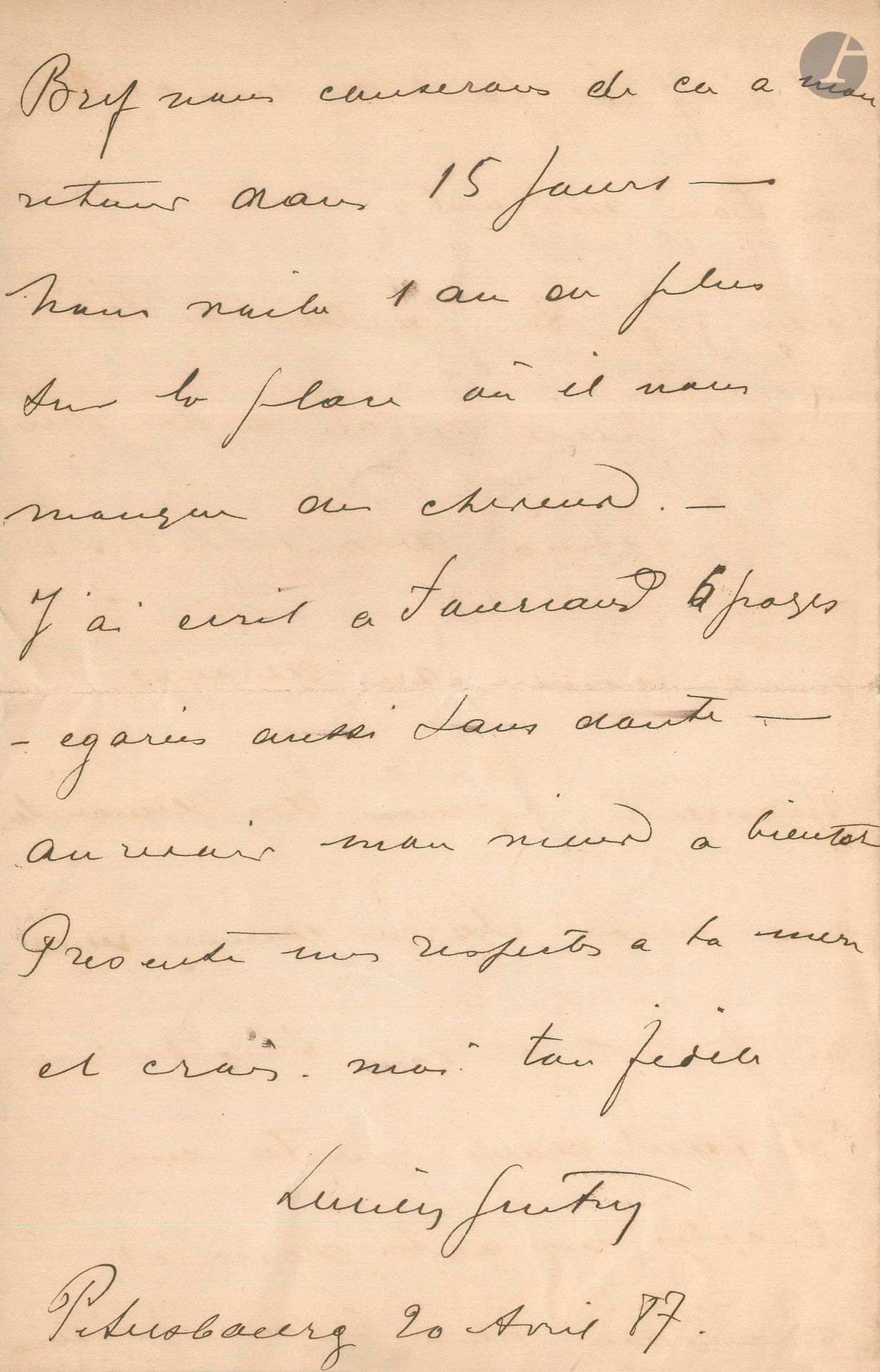 Lucien GUITRY (1860-1925). L.A.S., Pétersbourg 20 avril 1887, à «Mon cher vieux»; 4pages in-8.
Il s’étonne d’être sans nouvelles. Quant à la «petite pièce» de son correspondant qu’il devait «jouer à Gatchina devant LL. MM. on a reculé au dernier moment à cause des démarches non encore élargies comme vues au point de vue théâtral. Il faut donc que tu me broches un acte doux et mondain pour la saison prochaine. La Femme sera jouée au Théâtre Michel mais il faut 2 manuscrits et les rôles copiés. […] Lina Munte ayant dit “Imbécile” comme fin du 1er acte de la P[rince]sse de Bagdad [de Dumas fils] on n’a pas voulu le lui faire dire 8 jours après dans ta pièce»…