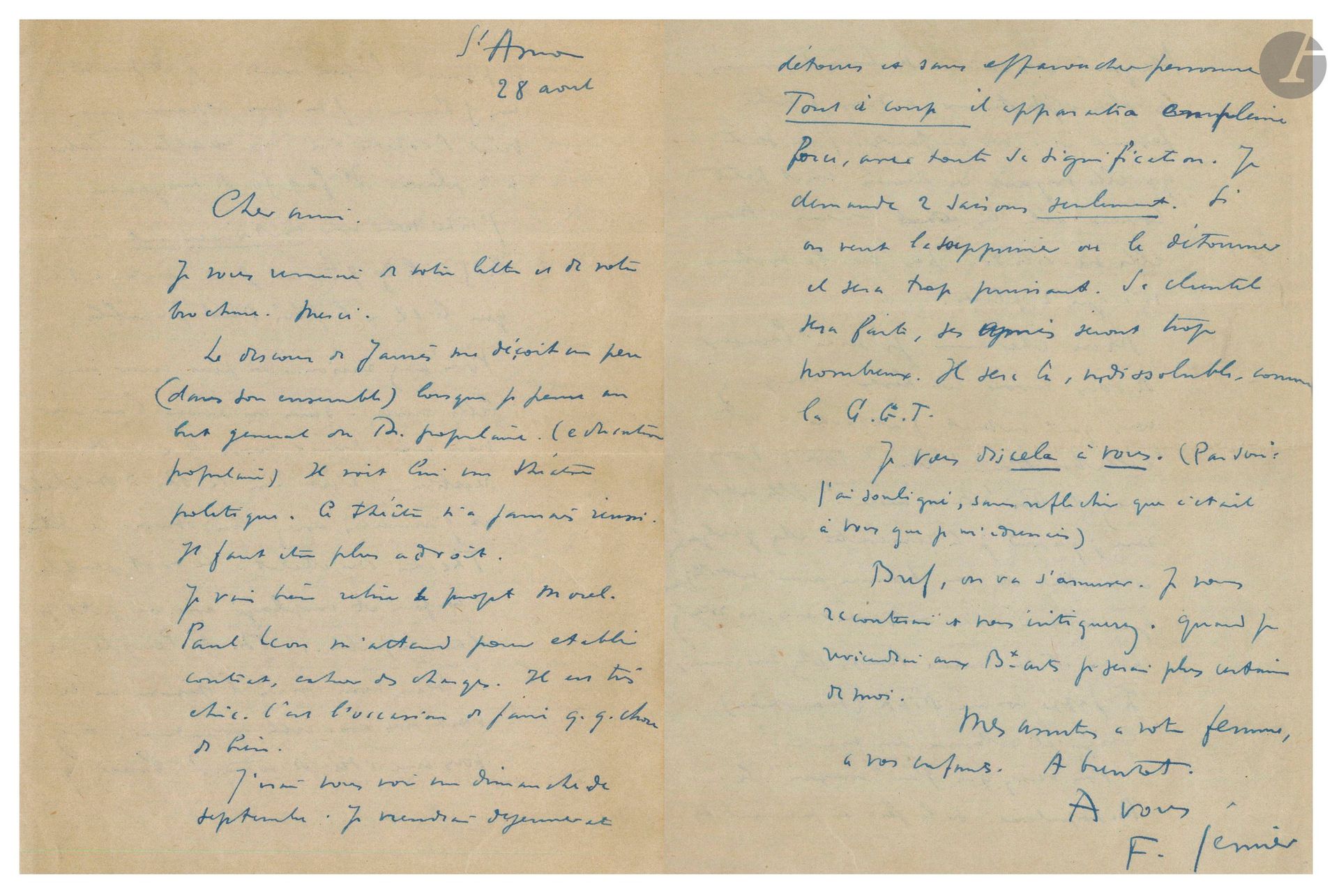 Firmin GÉMIER (1869-1933). 3 L.A.S., [1897-vers 1906]; 10pages in-8 ou in-12.
Vendredi [août 1897], à un auteur dramatique. Il raconte comment il a, «malgré un dédit de 30000F», quitté l’Ambigu «pour aller à l’Odéon dans le seul but d’y faire des créations intéressantes avec Antoine… et Ginisty». Après le départ d’Antoine, Ginisty veut renvoyer Gémier, qui ne peut donc rembourser l’amortissement de son dédit, que Rochard, directeur de l’Ambigu, a accepté de réduite à 10000 eu lieu de 30000. Les amis de Gémier constituent un comité pour patronner une représentation à son bénéfice lui permettant de rembourser son dédit. Gémier tient à avoir son correspondant dans ce comité qui comprend déjà Zola, Barrès, Jules Lemaitre, Romain Coolus, Robert de Flers, etc. [Cette représentation aura lieu finalement le 23 décembre 1897 et rapportera à Gémier 8200F.] – À un ami, qu’il peut aider à intégrer la troupe de l’Odéon, par l’intermédiaire de J.M. Gros, autrefois à l’Œuvre, devenu chef de cabinet du président du Conseil. – Saint-Amour 28 août [vers 1906?], à un ami, sur le Théâtre populaire. Il est déçu par le discours de Jaurès, qui voit plutôt «un théâtre politique. Ce théâtre n’a jamais réussi. Il faut être plus adroit». Il va établir le cahier des charges avec Paul Léon… «Vous avez raison, on peut créer une belle œuvre – sans en avoir l’air, car nous avons devant nous 4 ans de réaction. C’est bien le th. de Michelet et j’aimerais assez lui donner ce titre: Théâtre Michelet. Le mot peuple a toujours été employé avec un petit p dans le public... Th. du Peuple est un beau nom mais l’opinion ne le voit pas avec cette grandeur»… Il compte sur la collaboration de son ami: «Vous avez la Foi! Moi aussi! Elle est si rare; quand je la rencontre chez quelqu’un et surtout chez un homme aussi intelligent que vous […] et en même temps chez un ami, je jappe comme Dick (mon chien) lorsqu’il retrouve son maître! Vous verrez que j’ai “compris” le Th. populaire: on le fera en prenant des détours et sans effaroucher personne. Tout à coup il apparaîtra en pleine force, avec toute sa signification. Je demande 2 saisons seulement. Si on veut le supprimer ou le détourner, il sera trop puissant. Sa clientèle sera faite, ses amis seront trop nombreux. Il sera là, indissoluble, comme la C.G.T.»…
On joint 4 programmes: – Théâtre Antoine, 16 décembre 1913, Le Procureur Hallers, avec photo de Gémier en couv.; – Théâtre National Ambulant Gémier, 1911, 1ère saison, pour Anna Karénine; – Comédie Montaigne Gémier (future Comédie des Champs-Élysées), 2 programmes de la saison 1920-1921: Le Simoun de Lenormand, et La Mégère apprivoisée de Shakespeare.