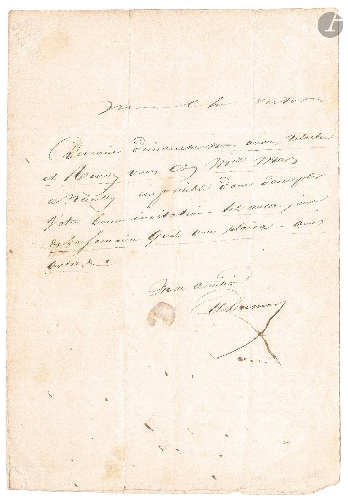 Alexandre DUMAS père (1802-1870). L.A.S., [20 mai 1836], à Victor Hugo; 1page petit in-4, adresse.
«Mon cher Victor. Demain dimanche nous avons relâche et rendez-vous chez Melle Mars à Neuilly impossible donc d’accepter votre bonne invitation. Tel autre jour de la semaine qu’il vous plaira – à vos ordres. Mille amitiés».
On joint une P.A.S. de Claude MONROSE père (1783-1843), 12 janvier 1838 (1p. in-8 à en-tête Comédie Française), autorisant un magasinier «à prêter à Mr Geffroy son costume de Charles VII» [tragédie en 5 actes en vers d’Alexandre Dumas, Charles VII chez ses grands vassaux].