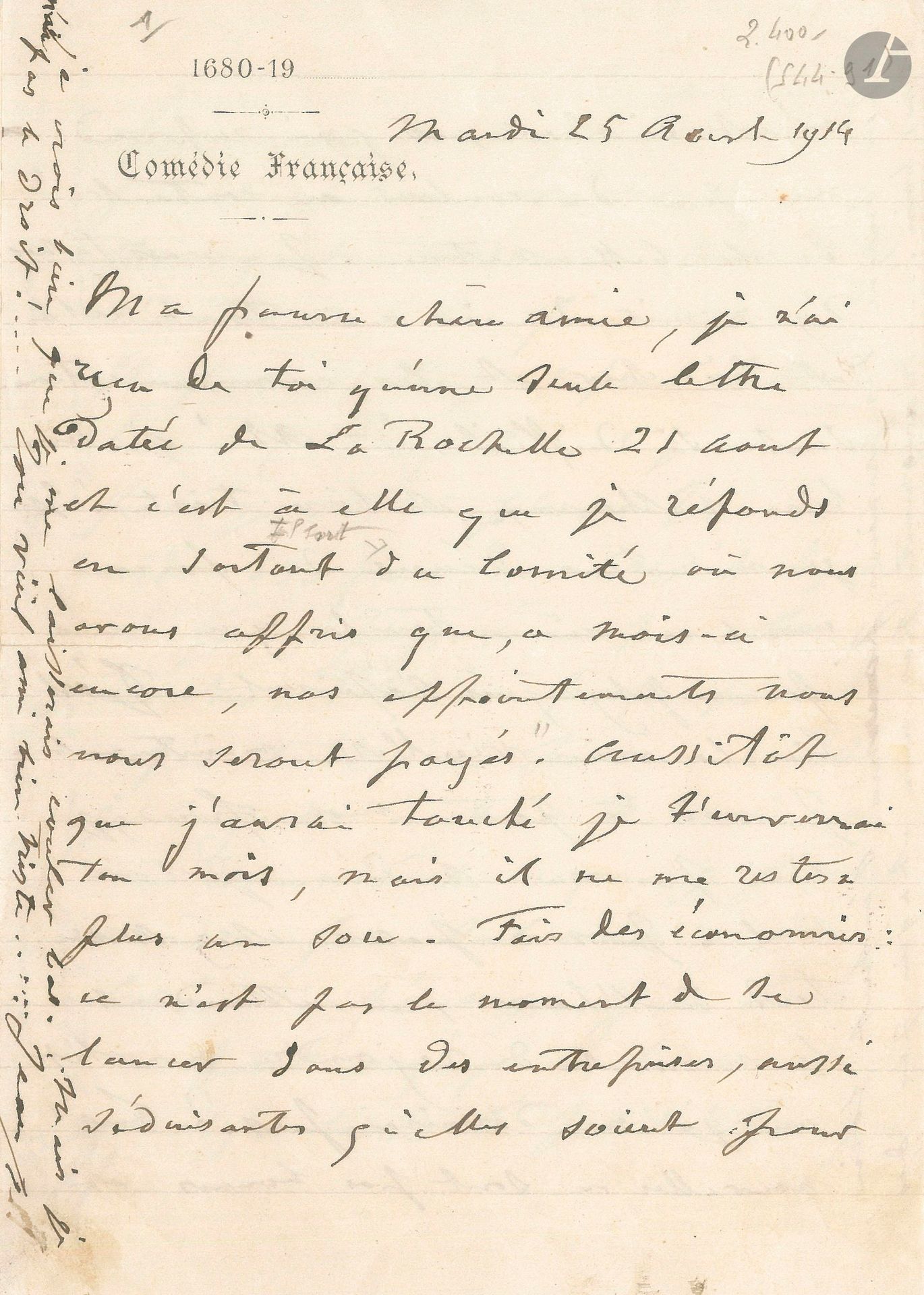 Jean-Sully Mounet dit MOUNET-SULLY (1841-1916). L.A.S. «Jean», 25 août 1914, à sa femme; 4pages in-8 à en-tête de la Comédie Française (petites fentes au pli).
Émouvante lettre à sa femme au début de la guerre. Le théâtre est fermé, mais les appointements seront encore payés. Il conseille à sa «pauvre chère amie» de faire des économies et de se réfugier à Garrigues (Hérault). «Qui sait ce que l’avenir nous réserve? Je vois tout en noir et ma santé n’est pas brillante. Je vis en plein cauchemar, hanté par mes souvenirs de 1870, et j’envie ceux qui croient en un Dieu juste et bon et trouvent dans cette Foi le courage et la résignation nécessaires à la vie»… Il est seul, voit peu son frère (Paul Mounet), n’a pas vu André (son beau-fils, André de Lorde)…
On joint: – une L.A.S., 14 octobre 1896, à Gustave Larroumet (3p. in-8), regrettant de ne pouvoir se rendre à son invitation, étant pris par les examens du Conservatoire, jouant Ruy Blas en matinée: «Et dire que l’on devait parler du théâtre antique et d’Athènes et des grands poètes»...; – une petite photographie; – une grande photographie de son frère Paul Mounet dans le rôle d’Oreste, avec envoi a.s., 1889; – une l.a.s. de sa fille Jeanne Sully (1960).