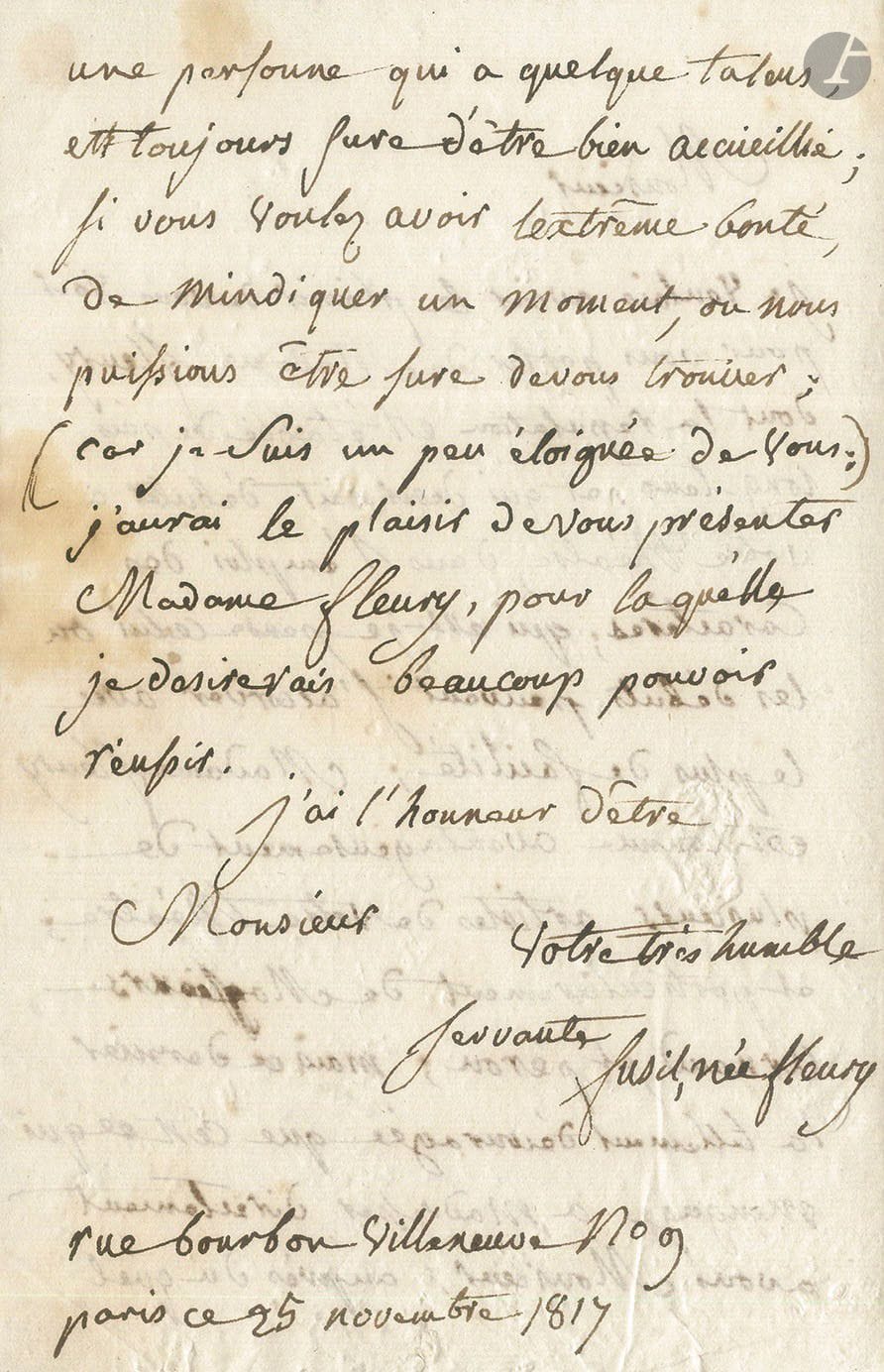 Louise Fleury, Mme FUSIL (1771-1848).2 L.A.S., 1817-[1821]; 2pages in-8, et 2pages in-4 avec adresse.
Paris 25 novembre 1817, à un directeur de théâtre, au sujet d’une certaine Madame Fleury qui désirerait débuter à son théâtre «dans l’emploi des caractères»…
[1821], à Adolphe Gentil de Chavagnac, directeur du théâtre de l’Odéon. Elle veut avoir une explication avec lui pour savoir à quel titre et sur quel pied est employée sa fille [Mme Fusil, qui jouait à Moscou, a suivi la retraite de Russie; à Vilna, en Lituanie, elle a recueilli une orpheline de deux ans, «Nadège, l’orpheline de Vilna», dont elle dirigera la carrière]. Elle est programmée ce soir dans Athalie, or elle devait jouer ce même soir dans une soirée de salon chez le comte Orloff; un deuil imprévu a dérangé cette soirée. Mais elle aurait été fâchée de faire manquer la soirée de l’Odéon, et elle n’aurait pas voulu désobliger le comte Orloff. Elle serait très flattée que sa fille «puisse être utile» à l’Odéon, mais «n’étant pas tout à fait au dépourvu de moyens de la faire travailler agréablement je ne voudrais pas qu’on la traitât comme ces petites filles que l’on fait venir lorsqu’on en trouve pas d’autre»...