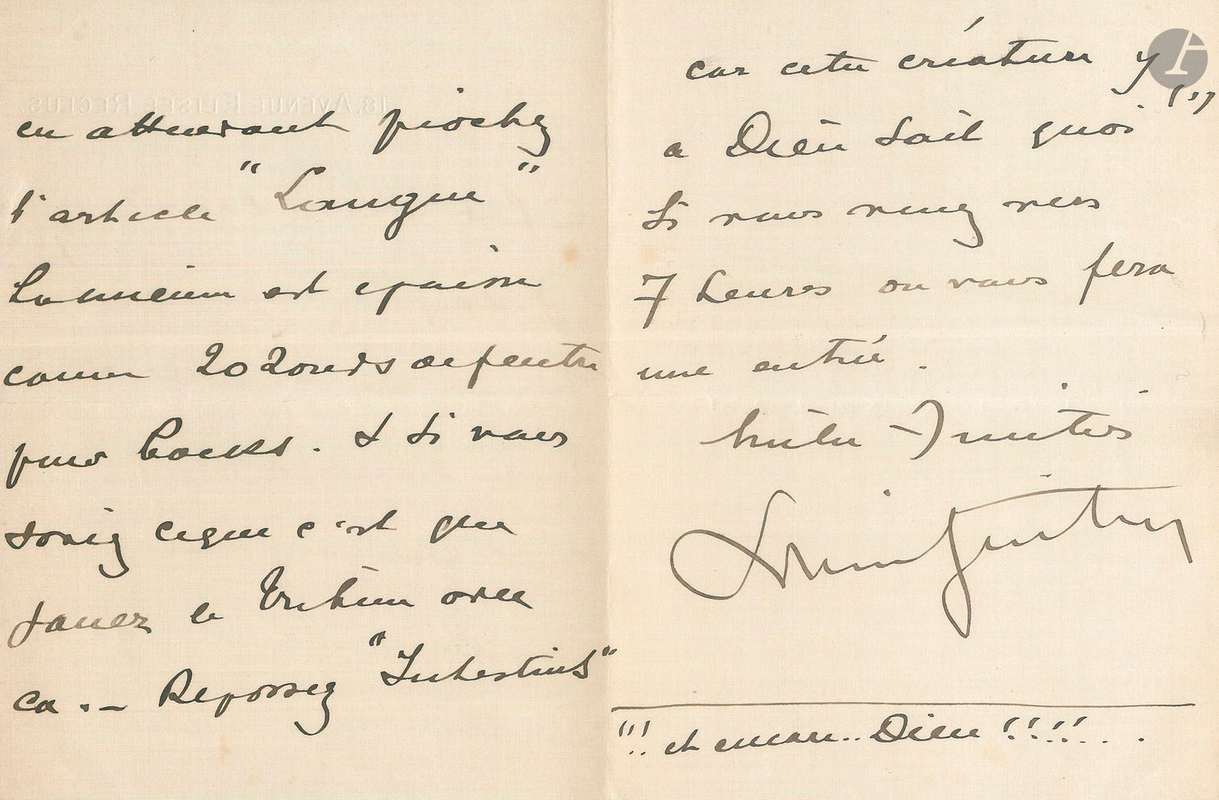 Lucien GUITRY. 2 L.A.S., 18, avenue Élisée Reclus [May 1910-1911], to Docteur Tixier; 4 and 3pages in-12, one envelope.
Truculent letters to his doctor. - Adopt us! We are worthless. I wouldn't give a cent of our guts. I play in the morning and won't be home until 7 this evening. In the meantime, pick the "Language" item. Mine is as thick as 20 rounds of felt for bocks. &amp; if you only knew what it's like to play Le Tribun [by Paul Bourget] with it. Replay "Intestines" because this creature has God knows what in it"... - "I am the prey of Marc Gaucher, who seizes my muscles (if I dare say so) and takes one bite of them in the morning. [...] in my presence he might speak of "headaches", "anguish", of emptiness "there"... of "feeling of distress" and if before me you had asked him if his parents drank, if he had had the pox or simply winds, he would have answered you smiling like a cherub... no... no"...