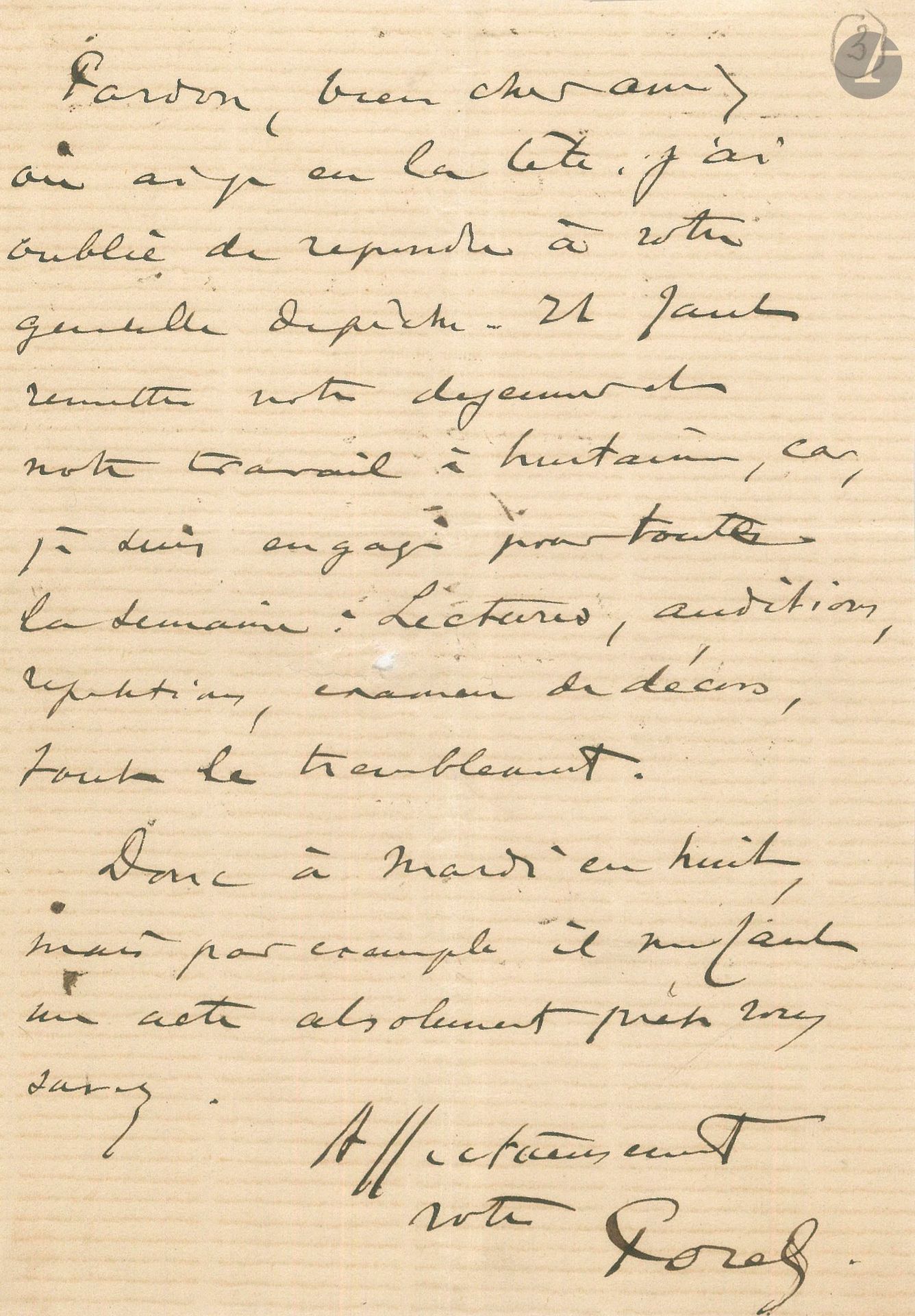 Désiré-Paul Parfouru, dit POREL (1843-1917). 3 L.A.S., [1876-1882] et s.d., au journaliste Auguste Vitu; 5pages in-8.
Mardi 30 [mai 1876], le priant de dire un mot de son histoire de l’Odéon (L’Odéon, histoire administrative, anecdotique et littéraire du second théâtre français, écrite avec Georges Monval), en profitant de l’occasion de la création de La Corde au cou d’André Gill. – [Avril 1882], le priant de parler de son second volume sur l’Odéon dont on va célébrer le centenaire par une représentation populaire du Mariage de Figaro, où Porel dira un à-propos en vers du jeune poète Auguste Dorchain, L’Odéon et la jeunesse. – Il remet leur déjeuner, étant engagé pour toute la semaine: «lectures, auditions, répétitions, examen de décors, tout le tremblement»...