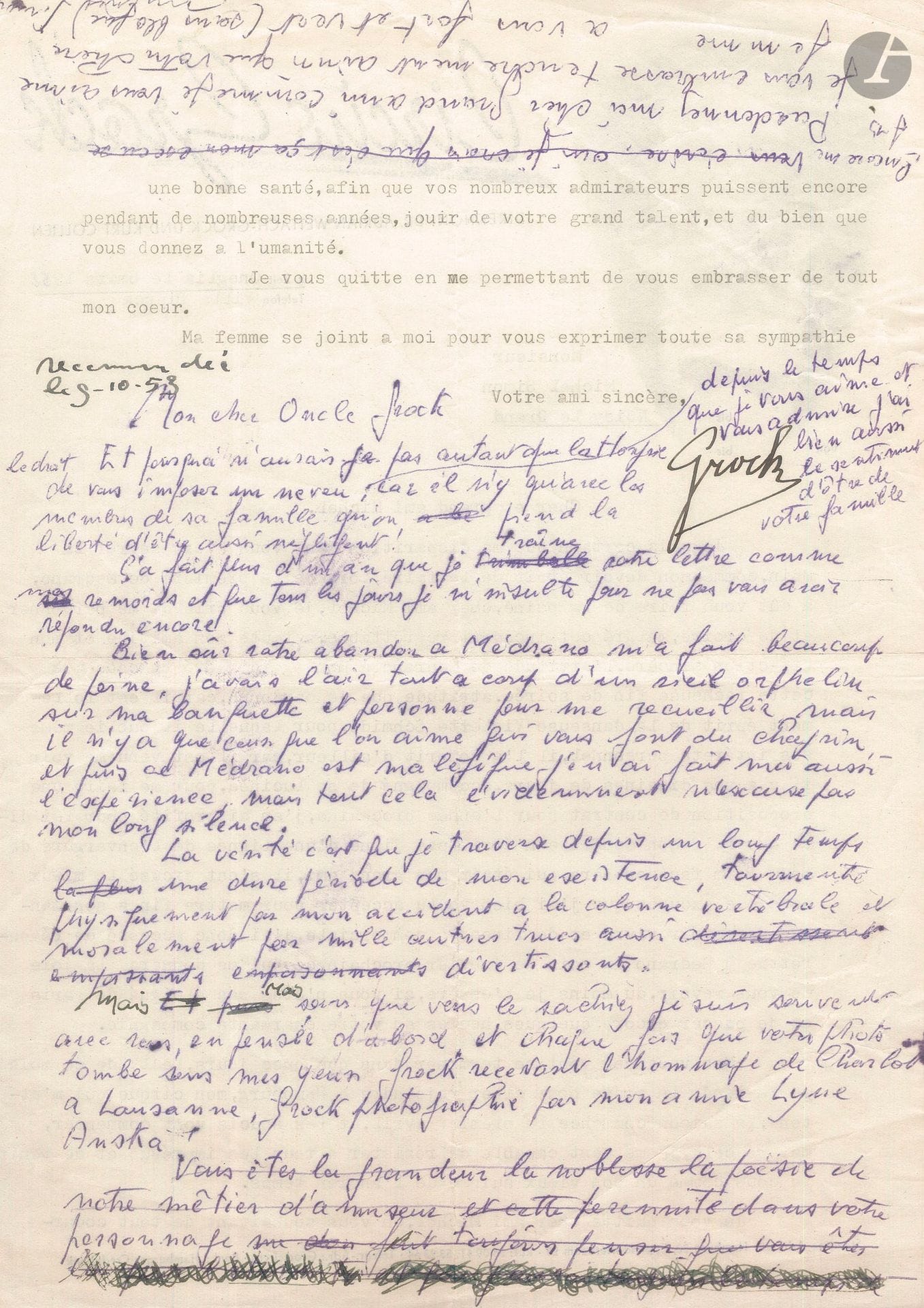 Adrien Wettach dit GROCK (1880-1959). L.S., Oneglia 6 mars 1952, à Michel Simon, avec brouillon a.s. de la réponse de Michel SIMON; 2pages in-4 à en-tête Circus Grock et sa photo en vignette (1p. et quart dactyl., et ¾ pour la réponse).
Grock regrette de n’avoir pu lui serrer la main après la première de ses adieux parisiens au cirque Médrano, mais l’attitude déplorable de Jérôme Médrano a été cause de «cette facheuse fin de soirée», ce que Grock lui pardonne, «car il est follement éprit de la danseuses Violette Schmidt, pour laquelle il oublie même ses intérêts personnels»; il est venu s’excuser, et Grock lui a dit «que sa façon de faire n’était pas digne d’une lignée de l’envergure de Boum-Boum feu son père, qui était mon grand ami». Il a cependant accepté de revenir à Médrano en janvier. Grock va partir rejoindre à Hambourg son cirque qu’il vient de fonder.
Dans sa réponse, Michel Simon s’adresse à «Mon cher oncle Grock. Et pourquoi n’aurais-je pas […] le droit de vous imposer un neveu, depuis le temps que je vous aime et vous admire j’ai bien aussi le sentiment d’être de votre famille. […] Bien sûr votre abandon à Medrano m’a fait beaucoup de peine, j’avais l’air tout à coup d’un vieil orphelin sur ma banquette»… Il traverse depuis un an une dure période de son existence, à cause d’un accident à la colonne vertébrale, et surtout moralement… «Vous êtes la grandeur la noblesse la poésie de notre métier d’amuseur»…