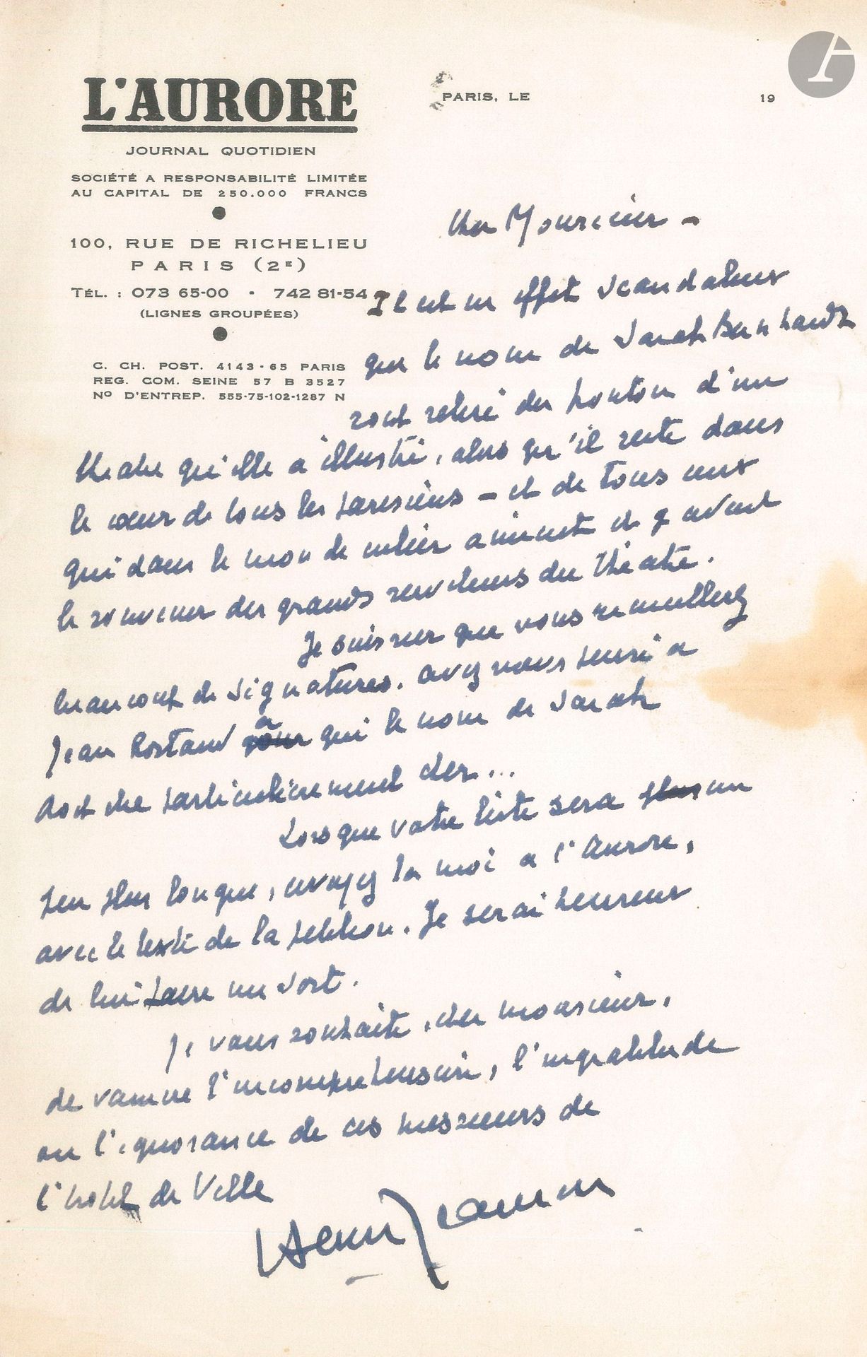 [Sarah BERNHARDT]. 14 L.A.S. ou L.S., 1968, à G. Leris Sarville.
Protestations contre la suppression du nom de Sarah Bernhardt du fronton de son théâtre, devenu Théâtre de la Ville. Leris Sarville, directeur du Vivant Souvenir, avait lancé une pétition.
Lysiane S. Bernhardt, petite-fille de Sarah (2 l.a.s.), Pierre Bertin (l.a.s.), Édouard Bonnefous (l.s.), Yvette Chauviré (l.s.), Paul Géraldy (l.a.s.), Henri Jeanson (l.a.s.: «Il est en effet scandaleux que le nom de Sarah Bernhardt soit retiré du fronton du théâtre qu’elle a illustré, alors qu’il reste dans le cœur de tous les parisiens»…), Yehudi Menuhin (l.s.), Michèle Morgan (l.s.), Jean Roche (l.s.), Michel Simon (l.a.s.: «Après la démolition de la maison des Guitry, ce nouvel attentat me désespère. On s’en souviendra de cette planète! Quoi faire contre la barbarie de notre temps. Tristan Bernard me disait en 1926, l’ignorance fait des progrès»), Raymond Souplex (l.a.s.), Pasteur Vallery-Radot (l.s.), Paul Vialar (l.a.s., racontant sa rencontre de jeune auteur avec Sarah).