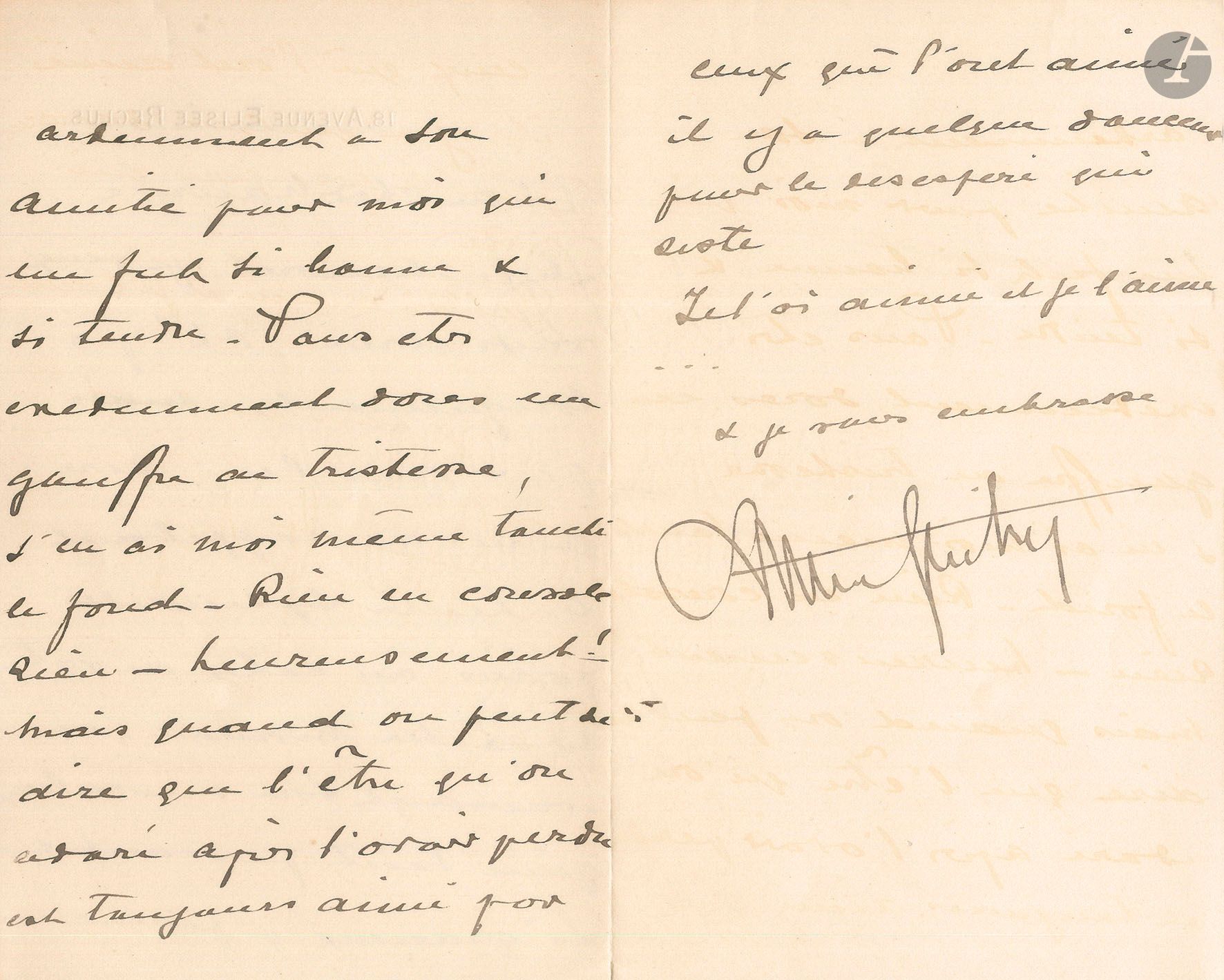 Lucien GUITRY. L.A.S., 18, avenue Élisée Reclus [peu après le 26 mars 1923], à Maurice Bernhardt; 2 pages et demie in-8.
Belle et émouvante lettre après la mort de Sarah Bernhardt. Il veut écrire à Maurice pour «bien dire, qu’en me rappelant les heures splendides passées aux côtés de votre adorable maman, en évoquant son merveilleux génie tout puissant & si gracieux, je pense aussi ardemment à son amitié pour moi qui me fut si bonne & si tendre. Vous êtes évidemment dans un gouffre de tristesse, j’en ai moi-même touché le fond. Rien ne console. Rien. – Heureusement! – Mais quand on peut se dire que l’être qu’on a adoré après l’avoir perdu est toujours aimé par ceux qui l’ont aimé il y a quelque douceur pour le désespéré qui reste. Je l’ai aimée et je l’aime»…