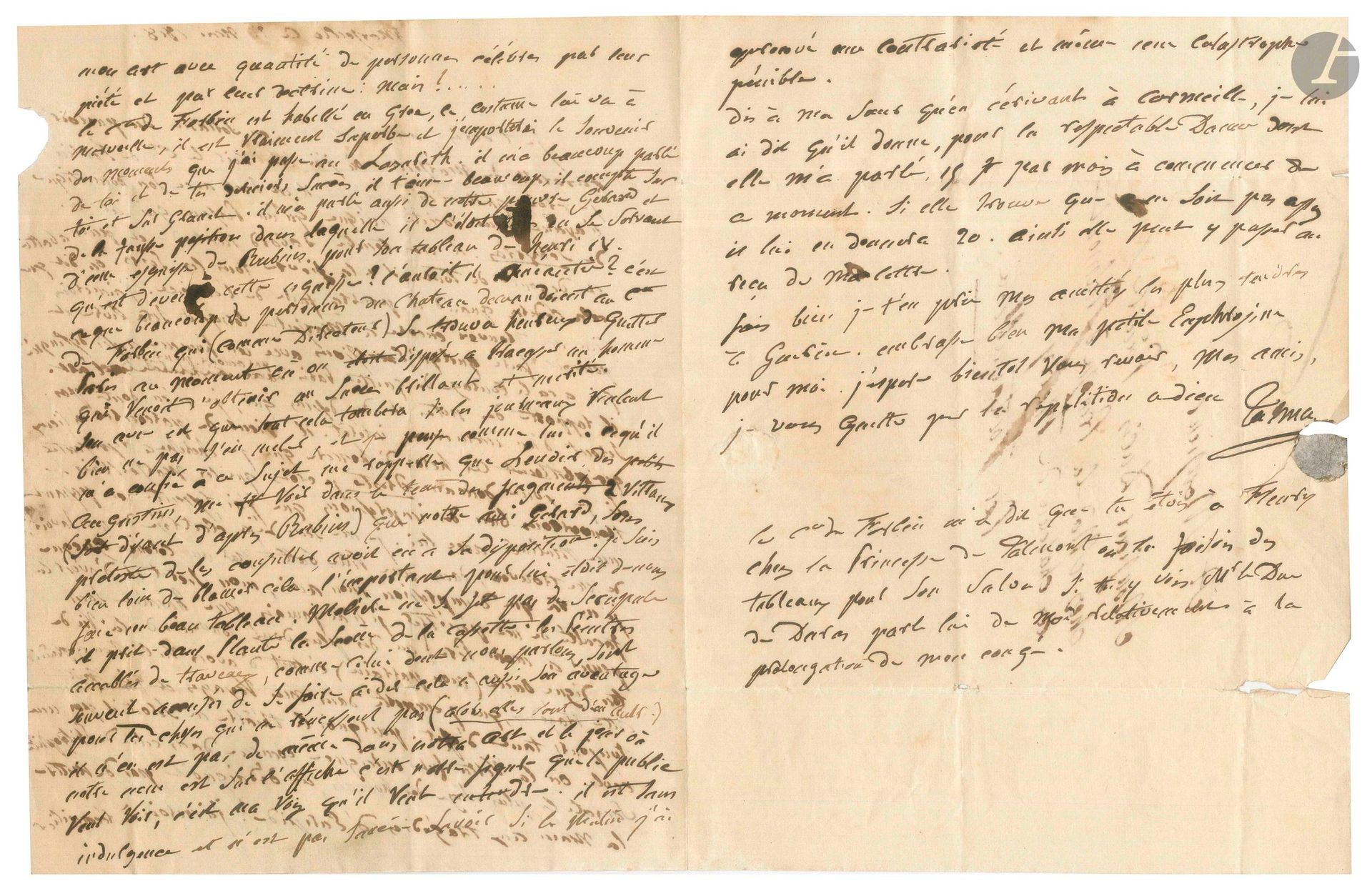 François-Joseph TALMA. L.A.S., Marseille May 12, 1818, to painter Louis Ducis, his brother-in-law; 3pages in-4, addressed (slight tear and marginal splits).
Beautiful letter about his theatrical tour of Marseille, his art and painters. [Talma was granted a three-month leave of absence to perform the roles in his repertoire in the provinces, in order to shore up his personal finances. He made his debut in Avignon on March 25, then in Marseille in April with Hamlet, Andromaque (Orestes), Britannicus (Nero) and Agamemnon by Népomucène Lemercier. Here he met up with his long-time friend Count Auguste de Forbin, Director of the Royal Museums, who had just returned from a trip to Greece and the Orient. The painter Louis Ducis (1773-1847), nephew of the poet Jean-François Ducis, had married Talma's younger sister Euphrosine].
He visited the Comte de Forbin at the Marseilles lazaret: "he is alone with his servant, having for sole company a Persian who arrives from Schyrras [Chiraz]. First he got sick, then he got depressed and disgusted with everything, and he has a fever every night. They say it will subside when he can exercise. I'd love to be in Marseille again when he's free, and to be able to go on excursions with such a distinguished man who had the courage to leave Paris for the sake of his art. He is bringing back notes and drawings which, I have no doubt, will be of immense interest. He has just visited places inhabited by the Homeric heroes I'm trying to portray. If I play Orestes tomorrow, I think the people of Marseilles will find many of the impressions I felt when I spent a morning with him. I already feel electrified by knowing myself, by finding myself in a city beaten by a Greek colony. I live by impressions, my friend, and my secret is to have the ability to penetrate myself. I have never played Hamlet without thinking of my Father! One of the sweetest memories of the life of your worthy uncle (my godfather) was to have seen his applaud this tragedy, which I take with me on my travels and which always has such an effect. Why shouldn't the theater be a school where Virtue was taught as in that of Philosophy? Socrates, the wisest of men, did not disdain to put his hand to Euripides' tragedies! I'd like to reconcile my art with a number of people famous for their piety and doctrine: but... 
Cte de Forbin is dressed as a Greek, a costume that suits him perfectly, he's really superb, and I'll take away the memory of the times I spent at the Lazareth. He told me a lot about you and your latest successes, he likes you a lot, he's counting on you and Granet. He also told me about our poor Gérard and the false position he had put himself in by using a sketch by Rubins for his painting of Henri IV. This is what many people at the Château were asking Cte de Forbin, who (as Director) was happy to leave Paris at a time when people were prepared to hassle a man who had just achieved a brilliant and well-deserved success. What he confided to me on this subject reminds me that [Alexandre] Lenoir of the petits Augustins [at the Musée des monuments français], once showed me fragments of stained glass (supposedly after Rubins) that our friend Gérard, under the pretext of looking them up, had had at his disposal. I'm far from blaming him for this. The important thing for him was to make us a beautiful picture. Molière had no qualms about taking the cassette scene from Plautus. Painters overburdened with work, like the one we're talking about, are often accused of getting help, which also has its advantage for things that don't succeed (so they're someone else's). It's not the same in our art, and the day our name is on the bill, it's our face the public wants to see, it's my voice they want to hear. He is without indulgence and is not supposed to know if in the morning I have experienced a vexation or even a painful catastrophe"...
Then Talma talks about his sister and relatives... He adds that he learned from Forbin that Ducis was "at Fleury at the Princesse de Talmont's where you were making paintings for her salon. If you see Mr. le Duc de Duras there, tell him about me and the extension of my leave".