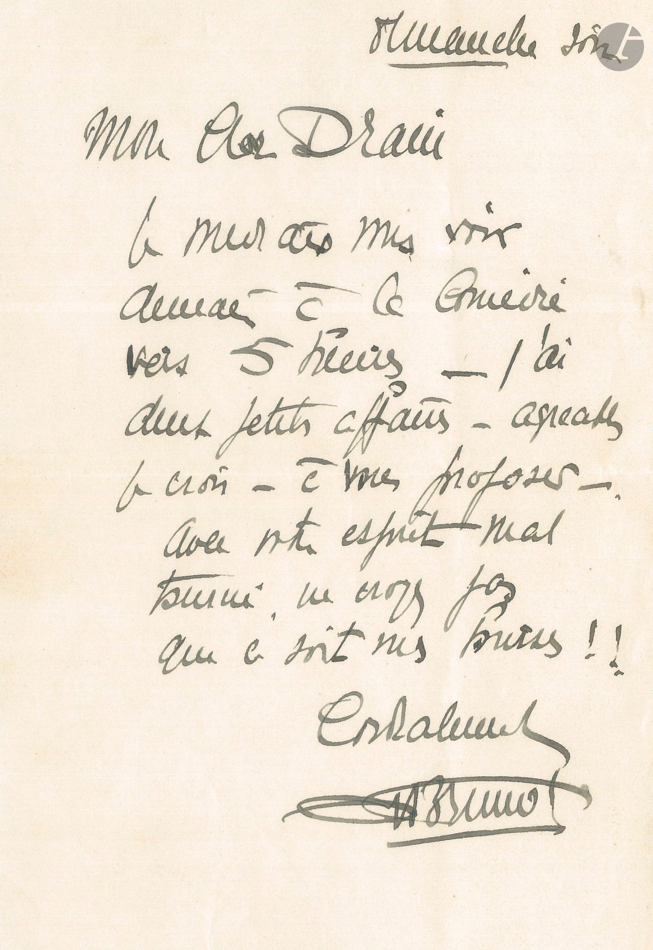 André BRUNOT (1879-1972). 5 L.A.S., 1924-1934: 10 pages in-8 à en-tête de la Comédie Française.
2 lettres sont adressées à Émile Drain, à qui il propose d’aller jouer à Roubaix, lui-même étant retenu par La Mégère apprivoisée… – 27 mars 1931, réponse à une enquête sur la chanson, et évoquant la «spirituelle Dussane»… – 24 juin 1934, à un critique, faisant la liste de ses principaux rôles, de Figaro à Cyrano, «mais loin de Paris celui-là car il n’est pas encore à la Comédie, il viendra fatalement un jour s’y refaire une santé quand il se sentira fatigué par les voyages et les aventures»… 
On joint 3 cartes postales à Émile Drain: photographies dédicacées de son buste par Févola.