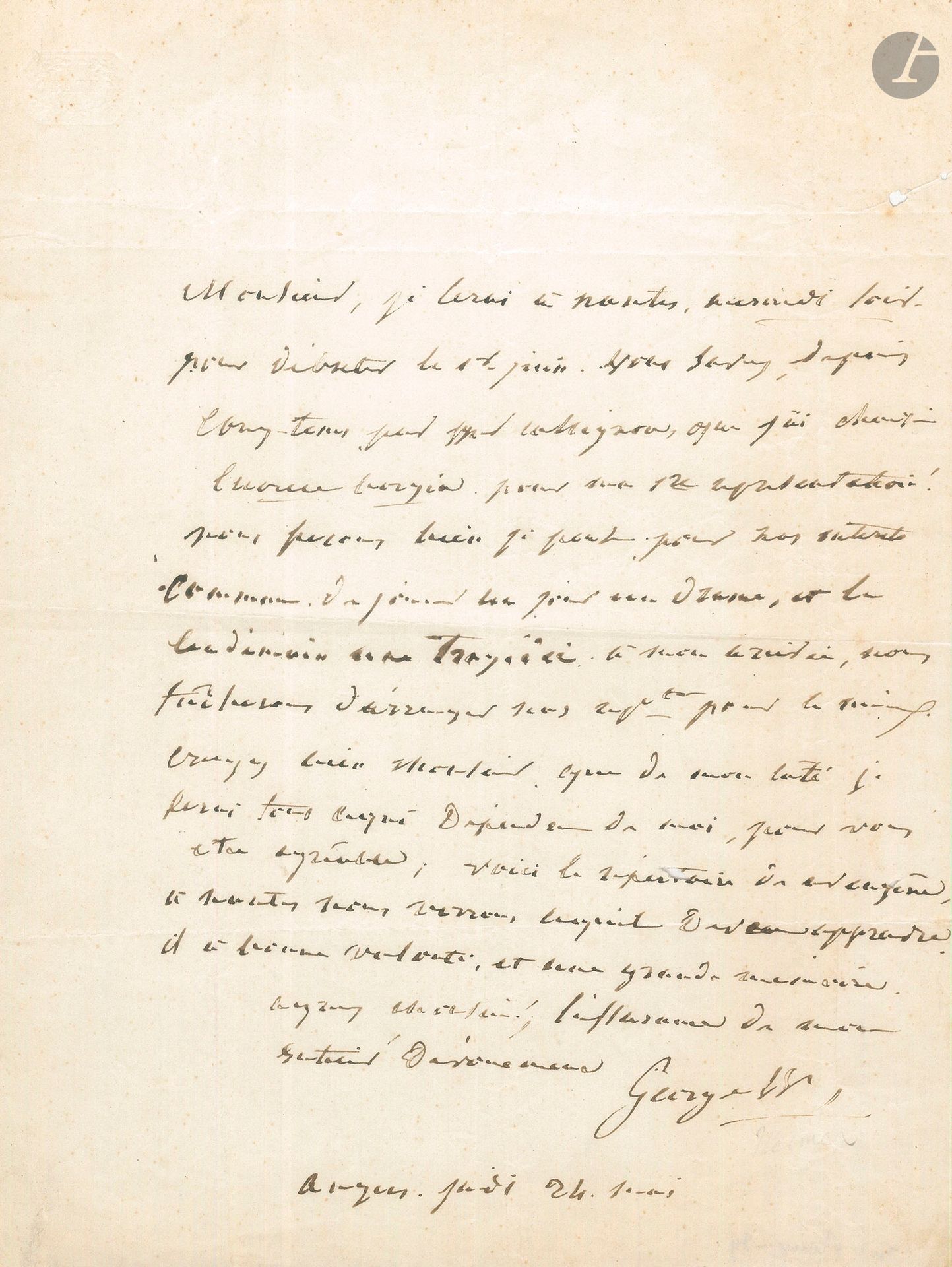 Marguerite Weimer, Mademoiselle GEORGE (1787-1867). 2 L.A.S., une L.S. et une P.S., 1824-1838.
1er avril 1824, reçu signé (1 p. in-4 à en-tête Chambre de Monsieur), pour 250F accordés par S.A.R. «pour la représentation donnée à mon bénéfice» le 2 avril 1824 au théâtre de l’Odéon. – Samedi, à Horace Meyer (directeur de la Gaîté), demandant «une petite loge pour ce soir pour La Poule bien entendu» (1p. in-8). – Angers 24 mai [1838] (1p. in-4): «Je serai à Nantes mercredi soir pour débuter le 1er juin», avec Lucrèce Borgia. «Nous ferons bien, je pense, pour nos intérêts communs de jouer un jour un drame, et le lendemain une tragédie». Quant à M. Eugène [Grailly], «nous verrons ce qu’il devra apprendre. Il a bonne volonté, et une grande mémoire»... – Paris 3 septembre 1845, à M. Miroir, directeur du théâtre de Nancy. Lettre dictée à sa sœur George cadette (1p. ¼ in-8, adr.). Elle accepte les conditions de Miroir pour des représentations à Nancy, mais ne peut s’engager pour une époque lointaine, sans avoir composé un itinéraire. Elle a écrit au directeur du théâtre de Metz et attend sa réponse: «Il me suffirait même à défaut de Nancy, qu’à des distances peu éloignées de cette ville, je puisse m’assurer des représentations», peut-être à Lunéville. On lui a transmis des propositions pour la Belgique, Amsterdam, Rotterdam, etc.
