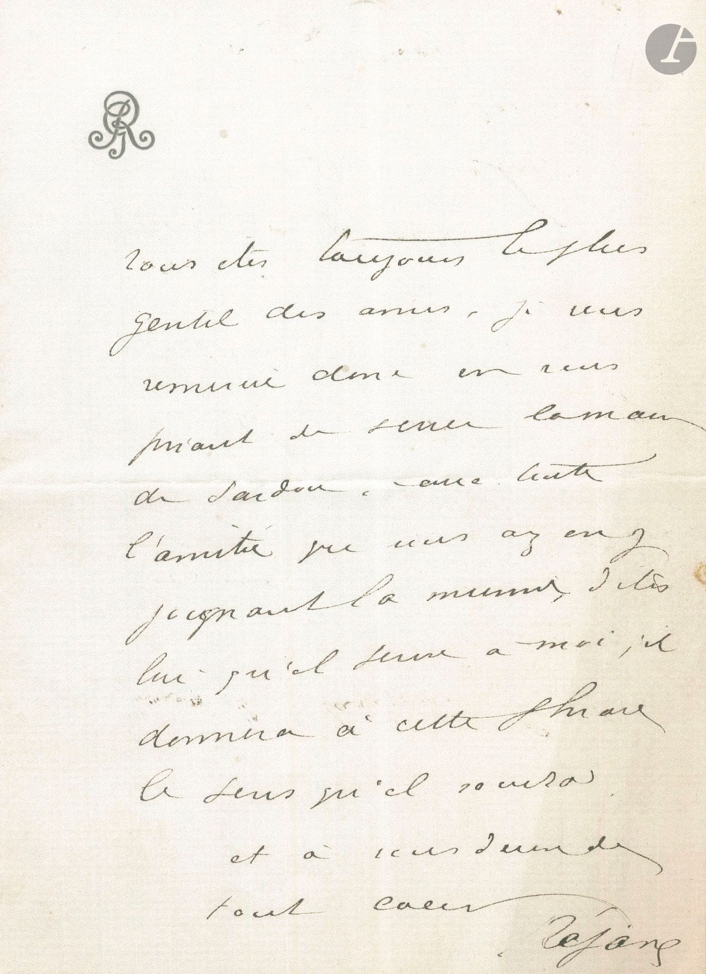 Gabrielle Réju, dite RÉJANE (1856-1920). 6 L.A.S. et 1 L.S., 1905-1909 et s.d.; 19pages formats divers (qqs petits défauts).
13 mai 1905, à Pierre Wolff, dont elle va créer L’Âge d’aimer, avec Lantelme qui veut partir pour Londres: «Je ne trouve pas gentil qu’elle nous démonte la pièce au moins pour les trois premières»; Réjane charge Wolff de la décider à rester… – «Vous êtes toujours le plus gentil des amis, je vous remercie donc en vous priant de serrer la main de Sardou [l’auteur de Madame Sans-Gêne qui fut le grand succès de Réjane], avec toute l’amitié que vous avez en y joignant la mienne. Dites lui qu’il pense à moi, il donnera à cette phrase le sens qu’il voudra»… – Craiova (Roumanie) 1er décembre, au sujet de l’engagement de Blanche Toutain au Vaudeville; mais elle doit renoncer à Andrée Mégard (femme de Firmin Gémier) dont les conditions sont trop élevées...
4 lettres à la comédienne Blanche Toutain, concernant les conditions de son engagement, de ses feux; Edwards la recommande pour une seconde année… Lettre-contrat du 7 avril 1909 (à en-tête du Théâtre Réjane), engageant Blanche Toutain pour la tournée du Théâtre Réjane en Amérique du Sud qui durera de juin à octobre 1909, en lui indiquant ses conditions et les rôles qu’elle devra assumer.