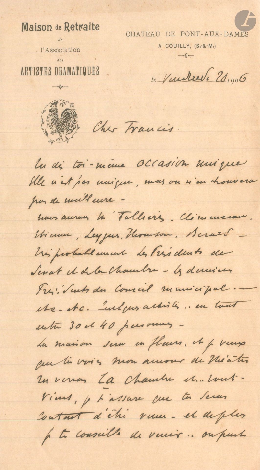 Constant COQUELIN aîné. 2 L.A.S., 1906-1907, au pianiste Francis Planté; 1page et demie in-8 à en-tête de la Maison de Retraite de l’Association des Artistes dramatiques avec enveloppe, et carte postale avec adresse (au dos de sa photographie).
Couilly 20 [juillet] 1906, il insiste sur la présence du pianiste à l’inauguration de la Maison de Retraite: «Nous aurons Mr Fallières, Clemenceau, Étienne, Leygues, Thomson, Berard», etc. – [Paris 17 janvier 1907]: «Les artistes n’ont jamais trop de cœur Mr Francis. Ils suivent vos beaux exemples voilà tout»…  Plus la copie par F. Planté d’une autre lettre de Coquelin.
On joint une brochure illustrée, L’Histoire de Pont-aux-Dames.