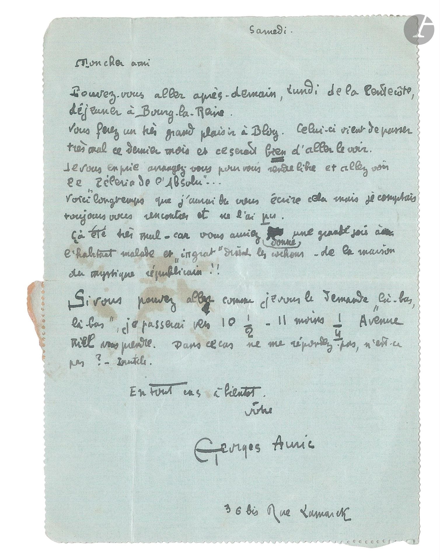 Georges AURIC (1899-1983). L.A.S., [10 juin 1916], au pianiste Ricardo Viñes; 1 page in 12, adresse au dos. 
Au sujet de Léon Bloy. [Auric et Viñes étaient des amis de Bloy par ses livres. Auric assista pratiquement à la mort de Bloy en 1917.] Auric invite Viñes à aller déjeuner chez Léon Bloy, à Bourg-la-Reine, le surlendemain, lundi de Pentecôte: «Vous ferez un très grand plaisir à Bloy. Celui-ci vient de passer très mal ce dernier mois et ce serait bien d’aller […]  voir le “Pèlerin de l’Absolu”». Il aurait dû le lui demander depuis longtemps, «car vous auriez donné une grande joie à l’habitant malade et “ingrat” disent les cochons – de la maison du mystique républicain!!»…. [Selon le journal de Bloy, le 12 juin 1916, Auric est venu seul, puis Pierre Termier, Jacques et Raïssa Maritain.]