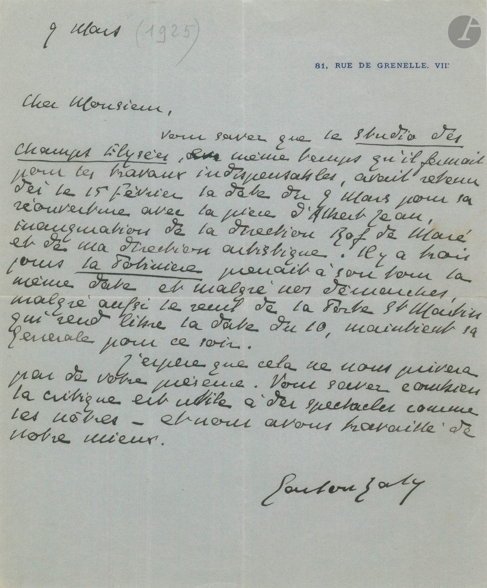 Gaston BATY (1885-1952). 3 L.A.S. et une L.S., 1925-1944, à divers; 7pages in-8 ou in-4, quelques en-têtes, une enveloppe.
5 janvier 1922, à son ami Maurice Brillant (vignette et en-tête de La Chimère), expliquant longuement son projet de La Chimère et ses idées sur le théâtre, et demandant l’appui de Brillant. – 9 mars [1925], à un critique, annonçant la réouverture du Studio des Champs Élysées, «inauguration de la direction de Rolf de Maré et de ma direction artistique», avec la pièce d’Albert Jean (L’Étrange Épouse du professeur Stierbeeke)… – La Néranie, Pelussion (Loire) 27 août [1936], à Henri-René Lenormand; s’il est appelé aux Français, il remettra volontiers en scène Le Simoun de Lenormand. – Théâtre Montparnasse - Gaston Baty, 21 juillet 1944 (dactyl.), à Pierre Malo: «mes marionnettes ont trouvé la maison qu’il leur fallait […] elles s’installeront au Studio des Champs-Élysées à partir de la fin septembre»…
On joint 6 programmes ou prospectus: La Tragique Histoire d’Hamlet Prince de Danemark de Shakespeare (Théâtre de l’Avenue, octobre 1928); Théâtre Billembois (16 janvier 1932, marionnettes lyonnaises, aux «Samedis de Montparnasse»); Lorenzaccio de Musset (Théâtre Montparnasse Gaston Baty, 1946); Marionnettes à la française: Au temps ou Berthe filait (juin 1948, en double); Hommage à Gaston Baty (15 mai 1953). Plus la copie par René Lefèvre-Bel de la «Prière inédite de Gaston Baty, écrite lorsqu’il n’avait encore rien réalisé au théâtre».