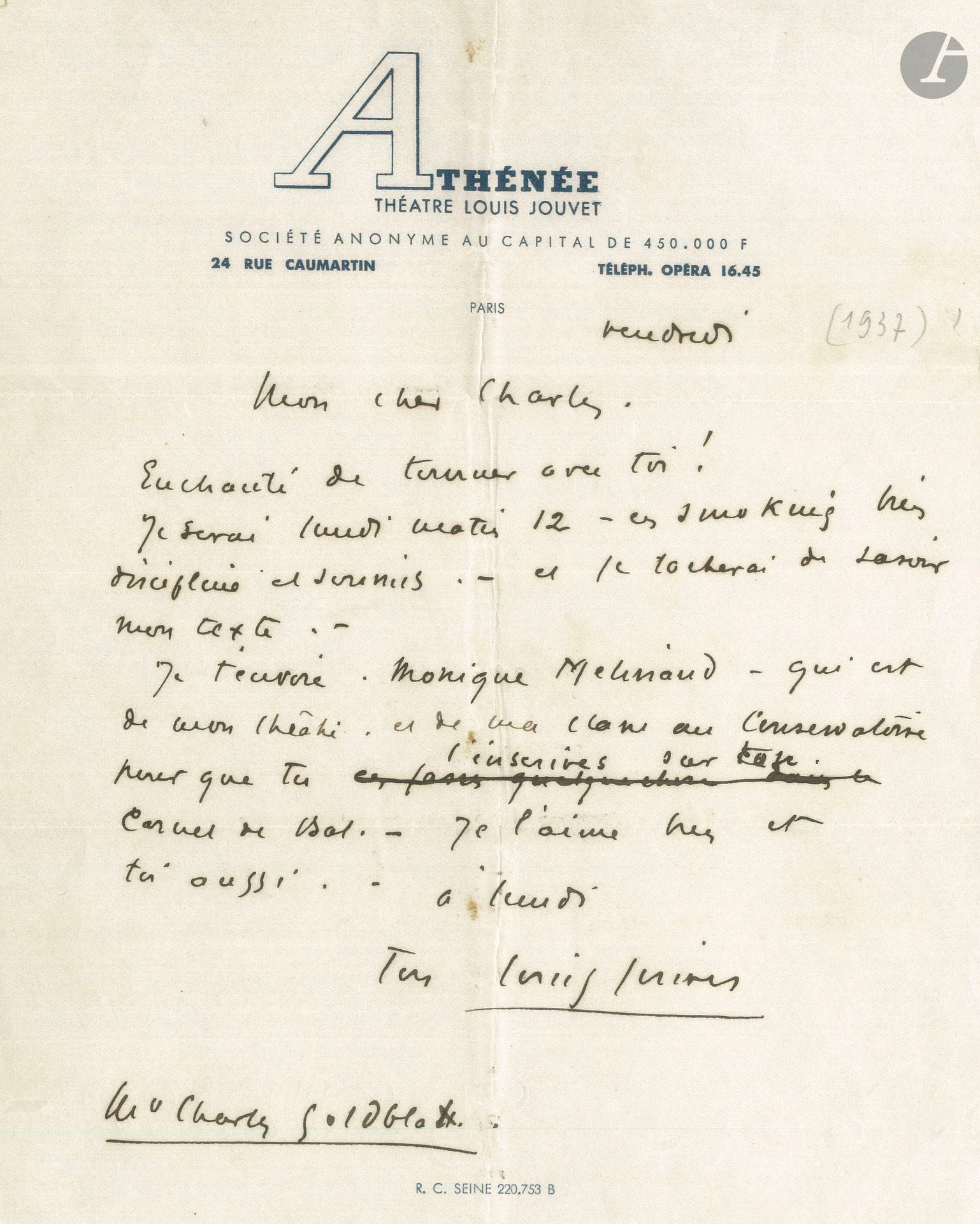 Louis JOUVET. 2 L.A.S., Vendredi [1937?], à Charles Goldblatt; 2pages et quart petit in-4 à en-tête de l’Athénée Théâtre Louis Jouvet, une enveloppe.
Tournage de Carnet de bal de Julien Duvivier.
[Le comédien Charles Goldblatt (1906-1997), dit Charles Dorat, qui s’était lié avec Jouvet au temps du Vieux Colombier, était alors assistant réalisateur de Duvivier pour le tournage d’Un carnet de bal.]
Jouvet est heureux de tourner avec son «cher Charles»: «Je serai lundi matin 12 – en smoking bien discipliné et soumis – et je tacherai de savoir mon texte». Il lui adresse Monique Melinand «qui est de mon théâtre, et de ma classe au Conservatoire pour que tu l’inscrives sur ton Carnet de Bal»… – Il lui envoie Michèle Alfa: «Veux-tu voir s’il y a encore un petit bout de place sur le Carnet de Bal pour elle. […] Amitiés à Duvivier». Il a lu les deux premiers actes d’une pièce (de Goldblatt?), mais craint «le sujet et sa transparence»….
