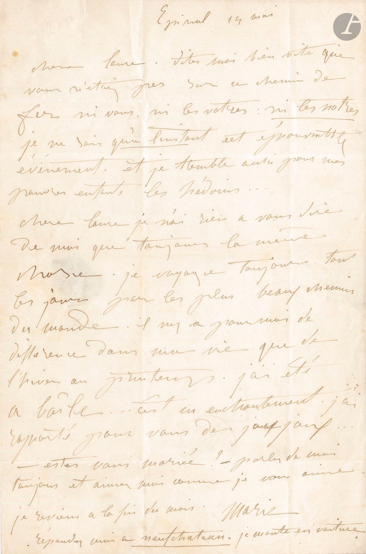Marie DORVAL. L.A.S. «Marie», Épinal 14 mai [1842], à son amie Laure Lemonnier; 1page in-8, adresse avec cachet de cire noire (Marie avec une croix).
Après l’accident du chemin de fer de Versailles, le 8 mai 1842, qui fit beaucoup de victimes. «Chère Laure, dites-moi bien vite que vous n’étiez pas sur ce chemin de fer ni vous, ni les votres, ni les notres. Je ne sais qu’à l’instant cet épouvantable événement et je tremble aussi pour mes pauvres enfants, les Hédoins [l’avocat Pierre Hédouin, grand ami de Dorval). Chère Laure je n’ai rien à vous dire de moi que toujours la même chose. Je voyage toujours tous les jours par les plus beaux chemins du monde. Il n’y a pour moi de différence dans une vie que de l’hiver au printemps. J’ai été à Bâsle… c’est un enchantement. J’ai rapporté pour vous des joujoux… – Estes-vous mariée?»…