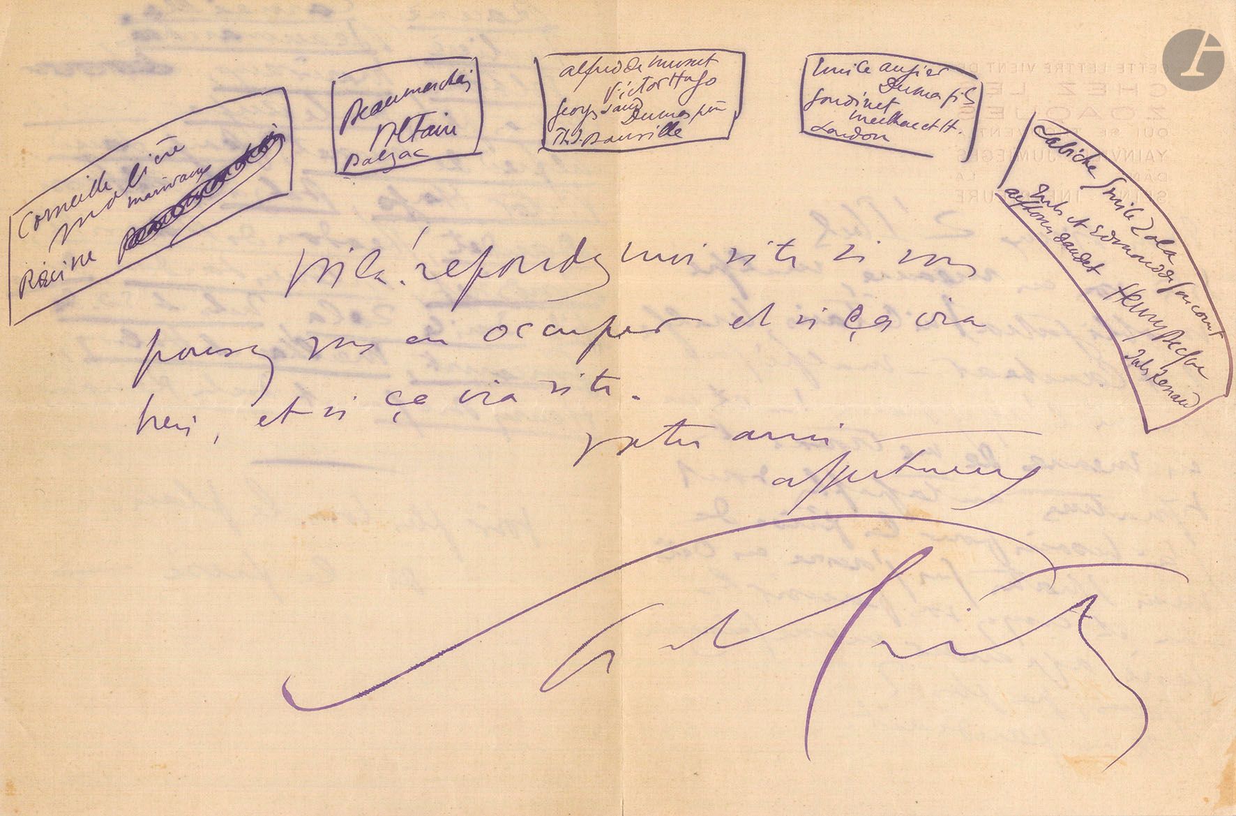 Sacha GUITRY (1885-1957). L.A.S., Yainville Jumièges [1919?], à Henri-Gabriel Ibels; 4pages in-8 à l’encre violette, à en-tête rouge Cette lettre vient de Chez les Zoaques qui se trouvent à Yainville Jumièges dans la Seine-Inférieure.
Lettre avec dessin au sujet de la décoration de son théâtre [Guitry va prendre la direction des Mathurins]. Guitry demande au dessinateur Ibels de «trouver les signatures autographes dont j’ai besoin pour la frise de mon théâtre que j’ouvre en Octobre» et de «les faire agrandir, en une quinzaine de jours, pas plus». Il fait la liste de plus d’une vingtaine d’auteurs dramatiques, de Racine et Corneille jusqu’à Jules Renard. Et il dessine «le plan de la frise», où les noms des auteurs s’inscrivent en 5 médaillons formant une sorte d’arche…
On joint une l.a.s. du marionnettiste Robert Desarthis à Sacha Guitry (2p. in-4 à en-tête du Théâtre du Luxembourg avec vignette).