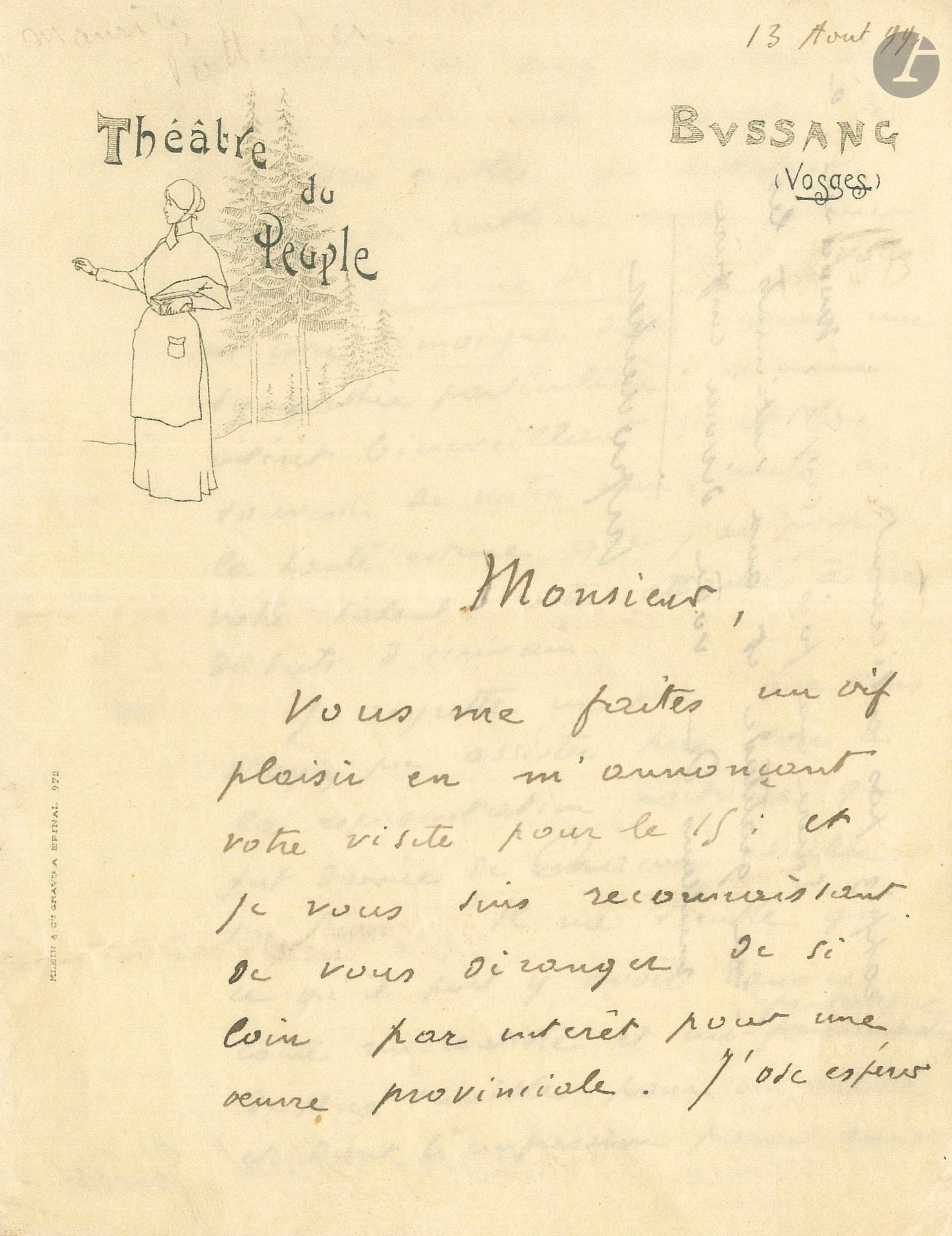 Maurice POTTECHER (1867-1960). L.A.S., Bussang 13 août 1899, [à Octave Uzanne]; 3pages et demie in-12 à en-tête et vignette du Théâtre du Peuple.
Sur le Théâtre du Peuple de Bussang. Il attend la visite de son correspondant et le remercie «de vous déranger de si loin par intérêt pour une œuvre provinciale. J’ose espérer que vous ne serez pas trop déçu d’avoir suivi votre curiosité. Je n’ai pas oublié qu’autrefois, lorsque je publiais mon premier livre, La Peine de l’esprit, vous m’avez témoigné déjà avec une sympathie particulière ce même intérêt bienveillant, et le souvenir de votre nom, mêlé à la haute estime que j’ai pour votre talent, reste attaché à mes débuts d’écrivain. Je regrette un peu que vous n’ayez pu assister hier soir à la représentation nocturne qui fut donnée de Chacun cherche son trésor. Il me semble que ce qu’il peut y avoir, dans ce conte mi-réaliste et mi-fantasque de plus sensible pour un artiste, et dont l’impression paraît avoir été assez vive sur le public, gagnait beaucoup aux charmes d’une belle nuit d’été; et sans doute le grand jour pour lequel cette pièce n’est guère faite, n’y accentuera la farce qu’au dépens de la poésie. Du moins verrez-vous le théâtre, les acteurs et le public, dont on a jusqu’ici parlé, même avec bienveillance, plus qu’on ne s’est dérangé pour les voir de près»; il lui remettra sa brochure sur le Théâtre du Peuple…
On joint un manuscrit autographe signé d’Octave Uzanne, Visions de notre heure, choses et gens qui passent.15 août [1900] (4pages oblong in-4 découpées pour l’impression et remontées). Article fort élogieux et enthousiaste sur le Théâtre du Peuple de Bussang de Maurice Pottecher.
