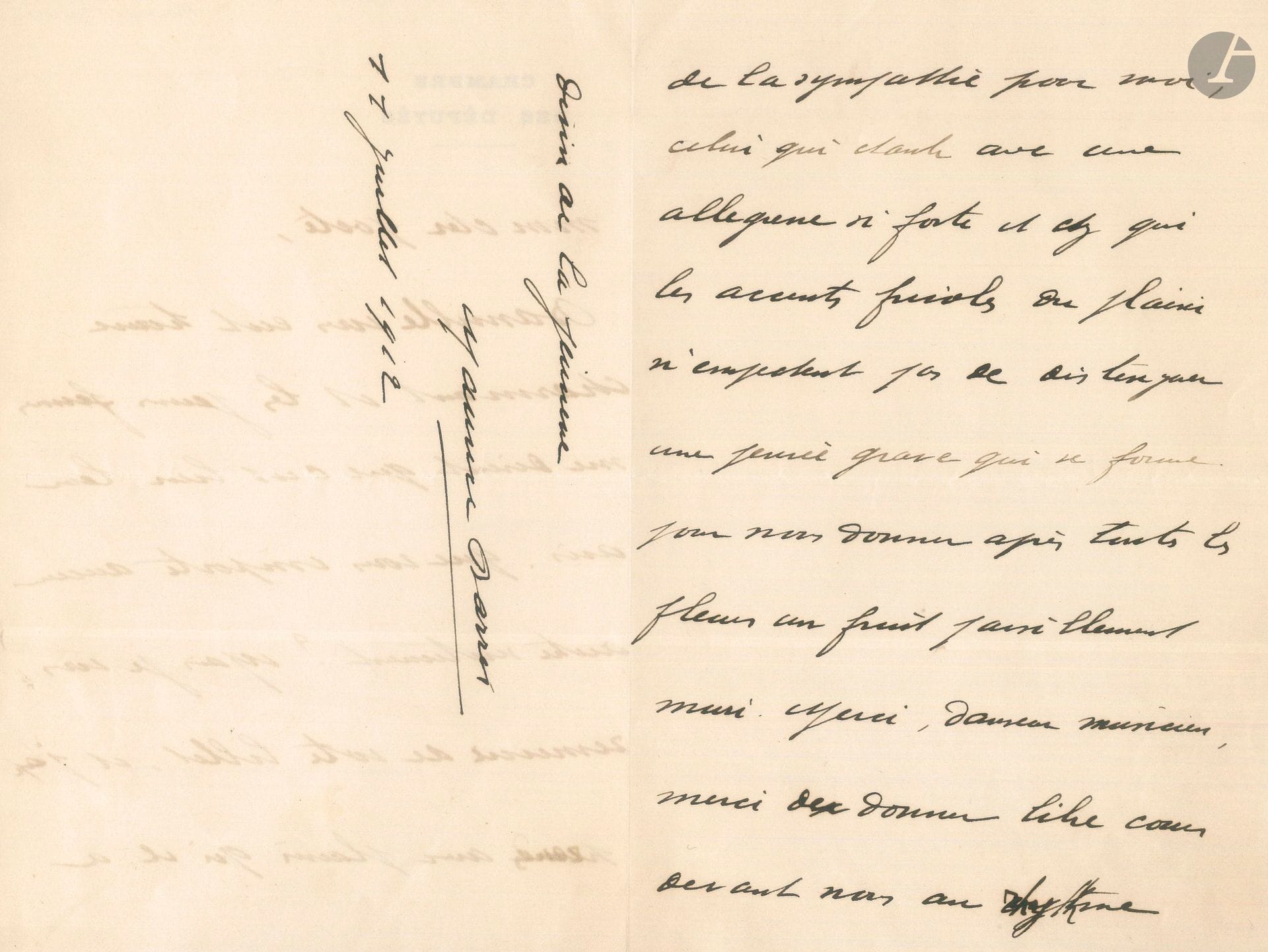 Maurice BARRÈS (1862-1923). L.A.S., 11 juillet 1912, à Jean Cocteau; 2pages et quart in-8 à en-tête Chambre des députés.
Belle lettre au jeune poète, qui vient de publier son troisième recueil, La Danse de Sophocle. 
«Mon cher poète, Banville vous eut trouvé charmant et les jeunes femmes me disent que c’est bien leur avis. Que vous importe aucun autre sentiment? […] j’apprends avec plaisir qu’il a de la sympathie pour moi, celui qui chante avec une allégresse si forte et chez qui les accents frivoles du plaisir n’empêchent pas de distinguer une pensée grave qui se forme pour nous donner après toutes les fleurs un fruit paisiblement mûri. Merci, danseur musicien, merci de donner libre cours devant nous au rythme divin de la jeunesse.»