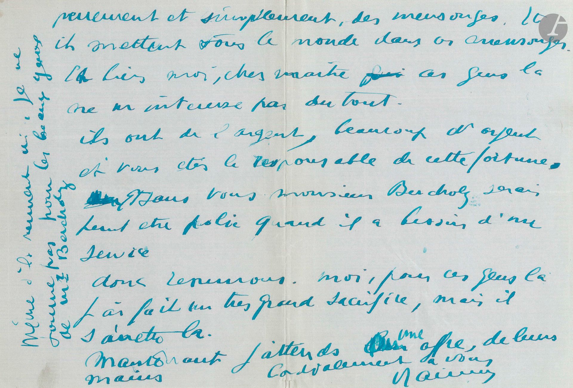 Jules Muraire, known as RAIMU (1883-1946). 2 L.A.S., Nice [late 1939 or early 1940], to Pierre Wolff; 4 and 2pages in-8 on Hôtel Negresco letterhead.
About the film L'Homme qui cherche la vérité by Alexandre Esway, for which Pierre Wolff (1865-1944) wrote the screenplay and dialogues.
Wednesday. Raimu finds that the Société Bercholz, the film's producer, "treats him a bit cavalierly. Never a word to ask me to shoot a new scene, to take a train at this moment, when I'm in the middle of work, to go to Paris [...] They play a little too much on Pierre Wolff to get Raimu on board. What's more, they're simply making up lies. [...] Well, my dear master, these people don't interest me at all. They have money, lots of money, and you're responsible for that fortune. [...] I have made a great sacrifice for these people, but that's where it ends"...
"The Société Bercholz et Cie is a rather curious company. After saying the most outrageous things about me, these gentlemen demand that I go to Paris. And they'll give 10,000 francs in their name. They're jokers. In any case, Lévy-Strauss and I are waiting for you in Nice. If they'll give me 10,000 francs, that's it"...