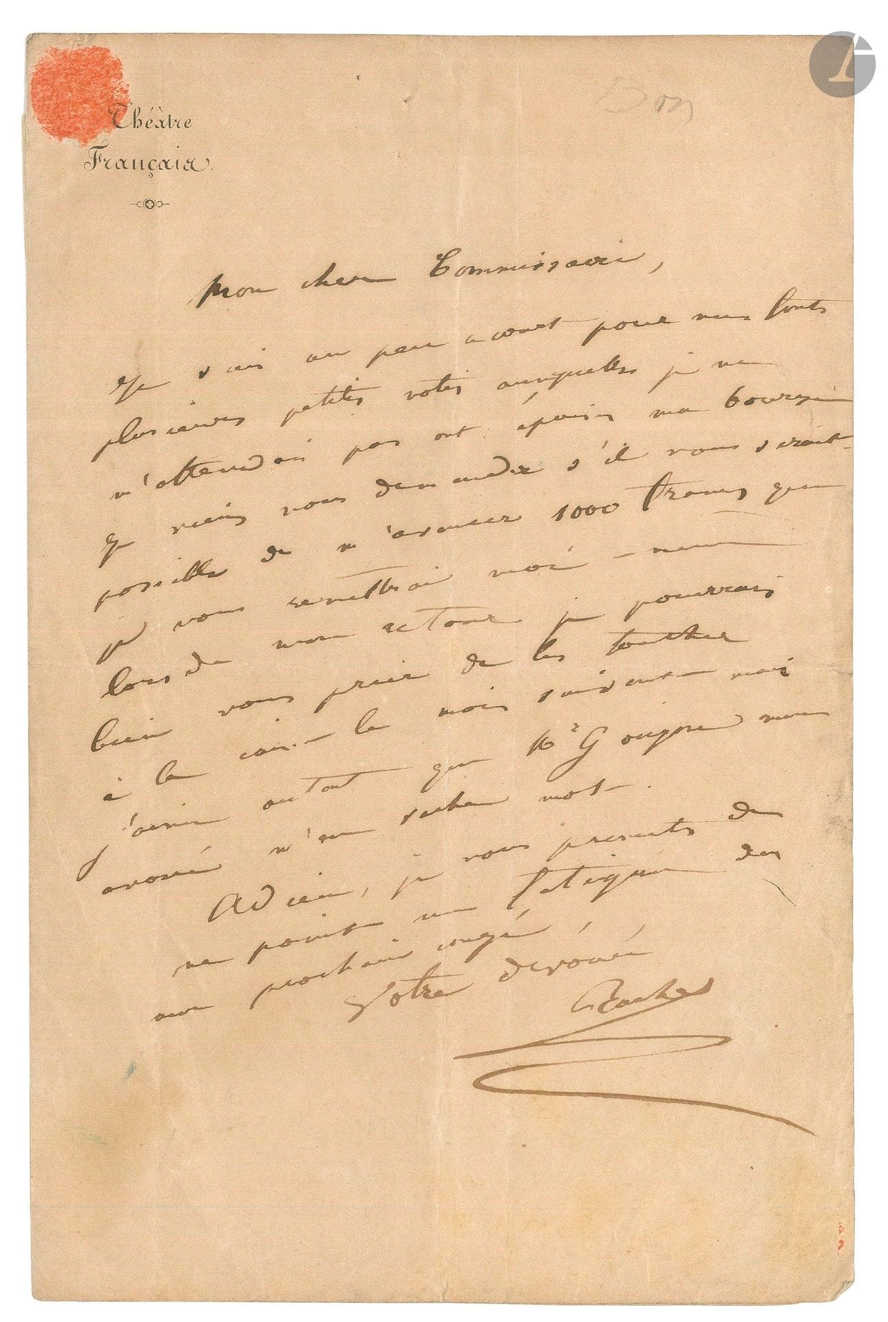 Élisabeth-Rachel Félix, dite RACHEL (1821-1858). L.A.S., [circa 1840-42], à «Mon cher Commissaire» [François Buloz, commissaire royal de la Comédie-Française]; 1page in-8 à en-tête du Théâtre Français.
Elle est «un peu à court pour mes fonts, plusieurs petites notes auxquelles je ne m’attendais pas ont épuisé ma bourse. Je viens vous demander s’il serait possible de m’avancer 1000 francs que je vous remettrai moi-même lors de mon retour. Je pourrais bien vous prier de les toucher à la caisse le mois suivant – mais j’aime autant que Mr Goujon mon avoué n’en sache mot. Adieu, je vous promets de ne point me fatiguer dans mon prochain congé»...
On joint: – un portrait de Rachel, dessin à la mine de plomb, signé J.D. et daté 14 Sept. 71 (16x12cm); – une copie de lettre à un admirateur, Londres 12 juillet 1841 (3p. in-4); – le programme imprimé de sa représentation d’adieu au public anglais, le 15 juillet 1842 (1p. in-8).