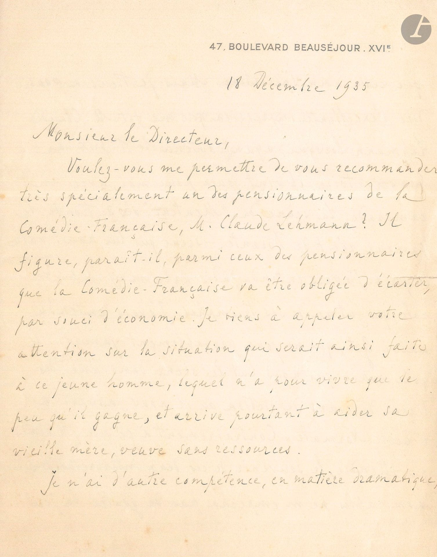 Henri BERGSON (1859-1941). L.A.S., Paris, December 18, 1935, [to Émile Fabre, General Administrator of the Comédie-Française]; 2 1/2 pages in-8.
He intervenes on behalf of a Comédie-Française resident, Claude Lehmann (1908-1977), who is in danger of being dismissed as a cost-cutting measure. "I have no expertise in dramatic matters other than that of a spectator. But I would like to tell you what an excellent impression Mr Claude Lehmann made on me when, having won 1st prize at the Conservatoire, he came to play for me, with a fellow student, the scene from Le Menteur in which Dorante's famous story is told - a scene which had won him the prize. I had once heard Delaunay in this role, which was one of his triumphs. I had also heard Got, who probably never played the role, but who read the scene to us in one of his lessons in the diction course he gave us at the École Normale. Contrary to what I might have expected, the memory of these two admirable performances did not prevent me from enjoying Mr. Claude Lehmann's lively and charming acting"...