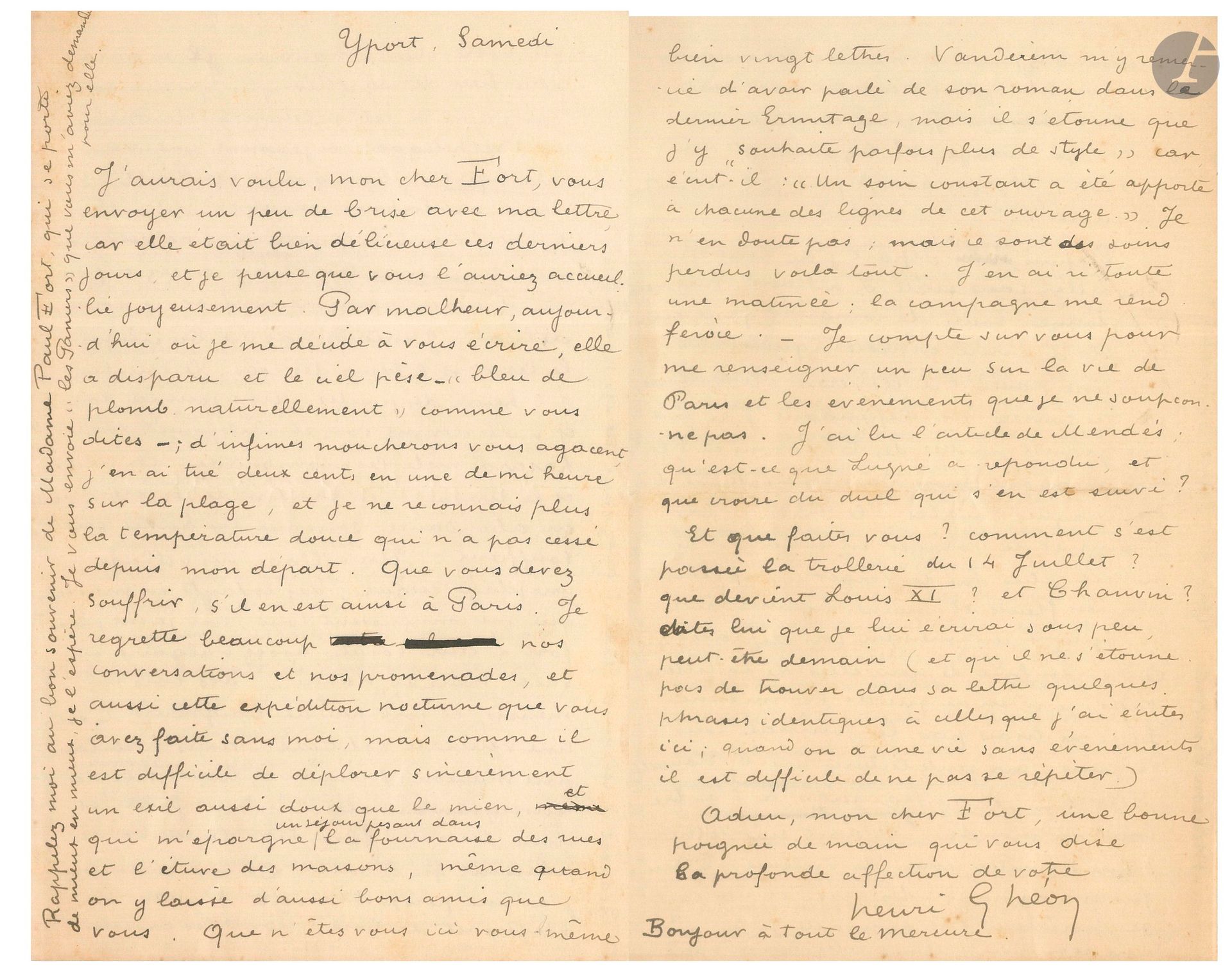 Henri GHÉON (1875-1944). 2 L.A.S., [1897], à Paul Fort; 4pages in-8 chaque.
Belles lettres poétiques, parlant d’André Gide.
Yport Samedi [août 1897?]. Il est au bord de la mer, menant «une vie bucolique. [...] J’entends par vie bucolique le lever à l’heure des coqs, le coucher à l’heure des poules, une journée longue et vide devant soi, et nul projet. [...] Un village très village, une plage exigue, des enfants en masse qui me connaissent tous, car je me plais fort à leur société assez vulgaire et sale, mais si “nature”, des bois immenses et fort peu de baigneurs. [...] Je bois du lait, du cidre, je mange des légumes et du poisson, et je ne songe pas à l’absinthe au sucre» Il a beaucoup travaillé: «fragments d’églogue, bouts de roman (qu’il est terrible d’écrire en prose! quand le Mercure paiera-t-il les vers!), chansons sur les sources, etc. Cependant j’ai fait une grande partie des Chansons en Fleur qui ouvriront mon deuxième volume des Campagnes simples: le Parterre, la Prairie et le Potager tout entier, il ne me reste plus que le Verger; j’ai chanté maintes fleurs et maints légumes avec un lyrisme certainement déplacé». La revue L’Œuvre lui demande des vers et il a reçu une lettre de Vanderem s’étonnant de la critique faite de son roman dans l’Ermitage sur le manque de style, «car, écrit-il: “un soin constant a été apporté à chacune des lignes de cet ouvrage”. Je n’en doute pas; mais ce sont des soins perdus voilà tout. J’en ai ri toute une matinée; la campagne me rend féroce». Il salue toute l’équipe du Mercure, demande des nouvelles de Paris et de Gide... 
[Paris, vers le 10 septembre 1897]. Il est impatient de revoir Fort. Il le félicite sur ses «ballades de la Province Nouvelle». Il raconte ses vacances chez André Gide: «je reviens bourré de sensations et incapable de les exprimer; je n’ai plus travaillé dès que je me suis senti loin des champs, et mon séjour chez Gide m’a donné le goût de la lecture et de l’oisiveté. Nous avons passé d’admirables journées ensemble, entreprenant de longues promenades [...] Nous avons tué des vipères, descendu des falaises à la corde, affronté les lames battant les rochers autour de nous [..] Gide m’a longuement entretenu de ses projets, véritablement gigantesques. C’est un cerveau effrayant et une sensibilité exacerbée, et avec cela un compagnon délicieux. Je lui ai lu mes Églogues»... Il parle de ses nouveaux poèmes, et de la mise au point du Geste de l’Eté [qui sera publié sous le titre La Solitude de l’été], en même temps qu’il prépare son examen de médecine...
On joint 4 L.A.S.: –29 juillet 1921, à Mme Théo van Rysselberghe (la Petite Dame) qui vient de perdre sa mère, belle lettre de condoléances; – Maison Neuve 1er octobre 1934, à Mme Paul-Albert Laurens, longue lettre de condoléances et d’espérance spirituelle, à la mort du peintre Paul-Albert Laurens, évoquant leur ami Gide; – 30 novembre et 20 décembre 1939, à Max Fischer, directeur littéraire chez Flammarion, au sujet de ses ouvrages sous contrat et à venir et de rééditions (L’Homme né de la guerre:Témoignage d’un converti, Saint Vincent Ferrier, et son livre de poèmes Foi en la France….