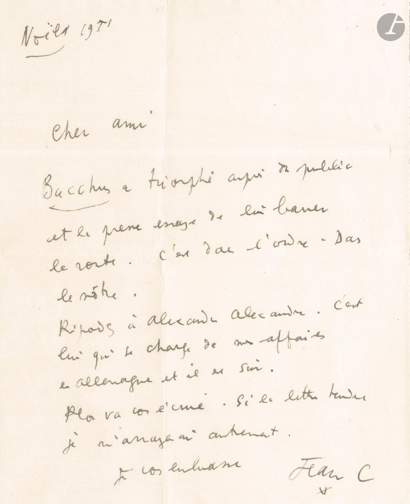 Jean COCTEAU. L.A.S. «Jean C», Noel 1951, à un ami [Jean-Pierre Millecam]; 1page in-8.
«Bacchus a triomphé auprès du public et la presse essaie de lui barrer la route. C’est dans l’ordre. Dans le nôtre»…