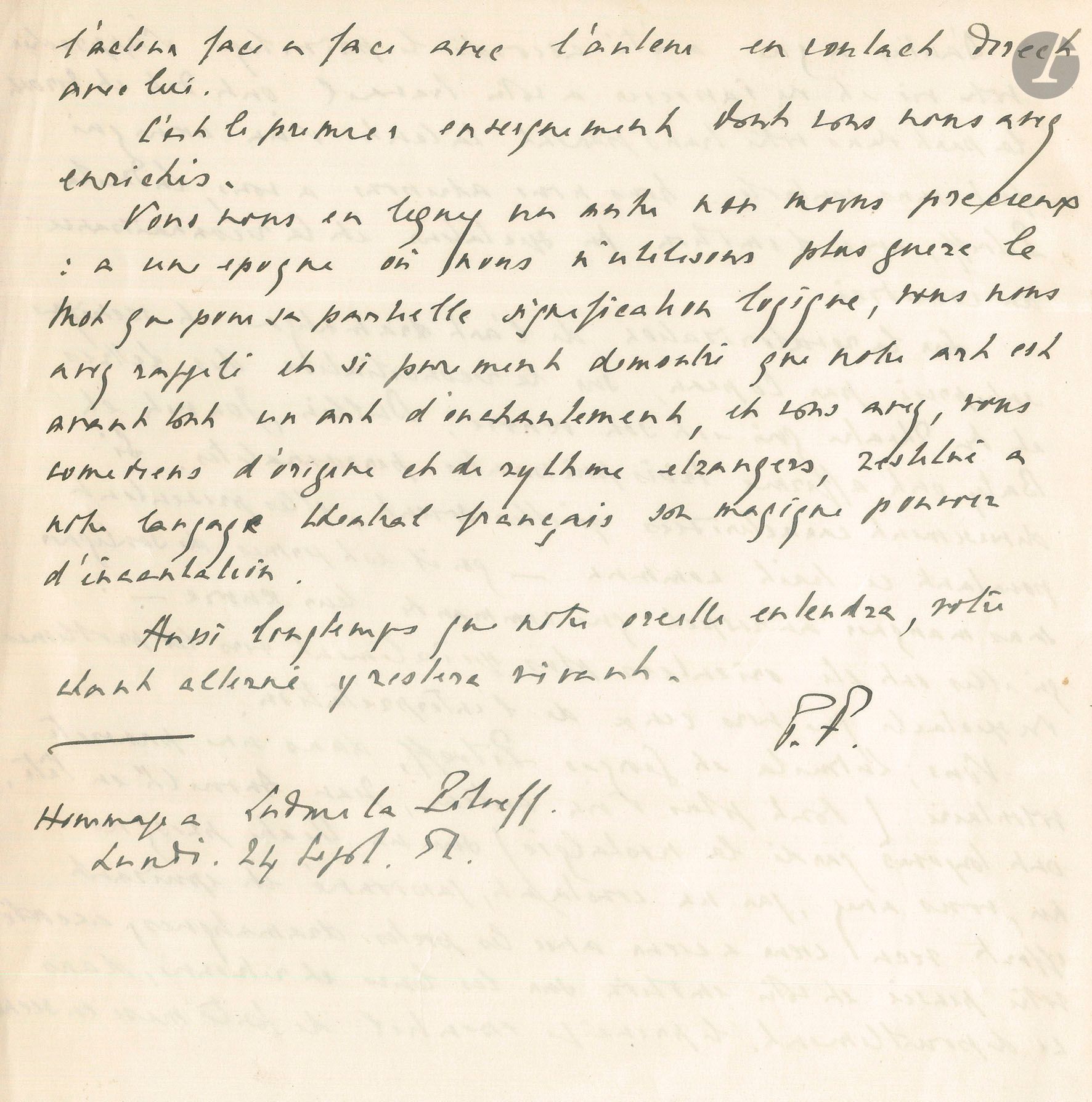 Pierre FRESNAY. Autograph manuscript signed "P.F.",- Hommage à Ludmila Pitoeff, September 24, 1951; 2pages in-4.
Tribute to Ludmilla Pitoëff (died September 15, 1951), delivered on September 24, 1951 at a tribute to the actress at the Théâtre des Mathurins. It evokes "the revalorization of the dramatic art" brought about by Copeau, Dullin, Jouvet and Baty, oriented "more especially towards the problems of spectacle than those of interpretation. You, Ludmila and Georges Pitoeff, in a voluntary poverty (of which more than one author, led by Jean Anouilh, have always been nostalgic) in an almost naked theater, you have, through a constant, passionate and exhausting effort lived heart to heart with the dramatic poets, tuned your thoughts and emotions to theirs and rediscovered, in this stripping down, the essential principle of all staging - the actor face to face with the author in direct contact with him"... Etc.